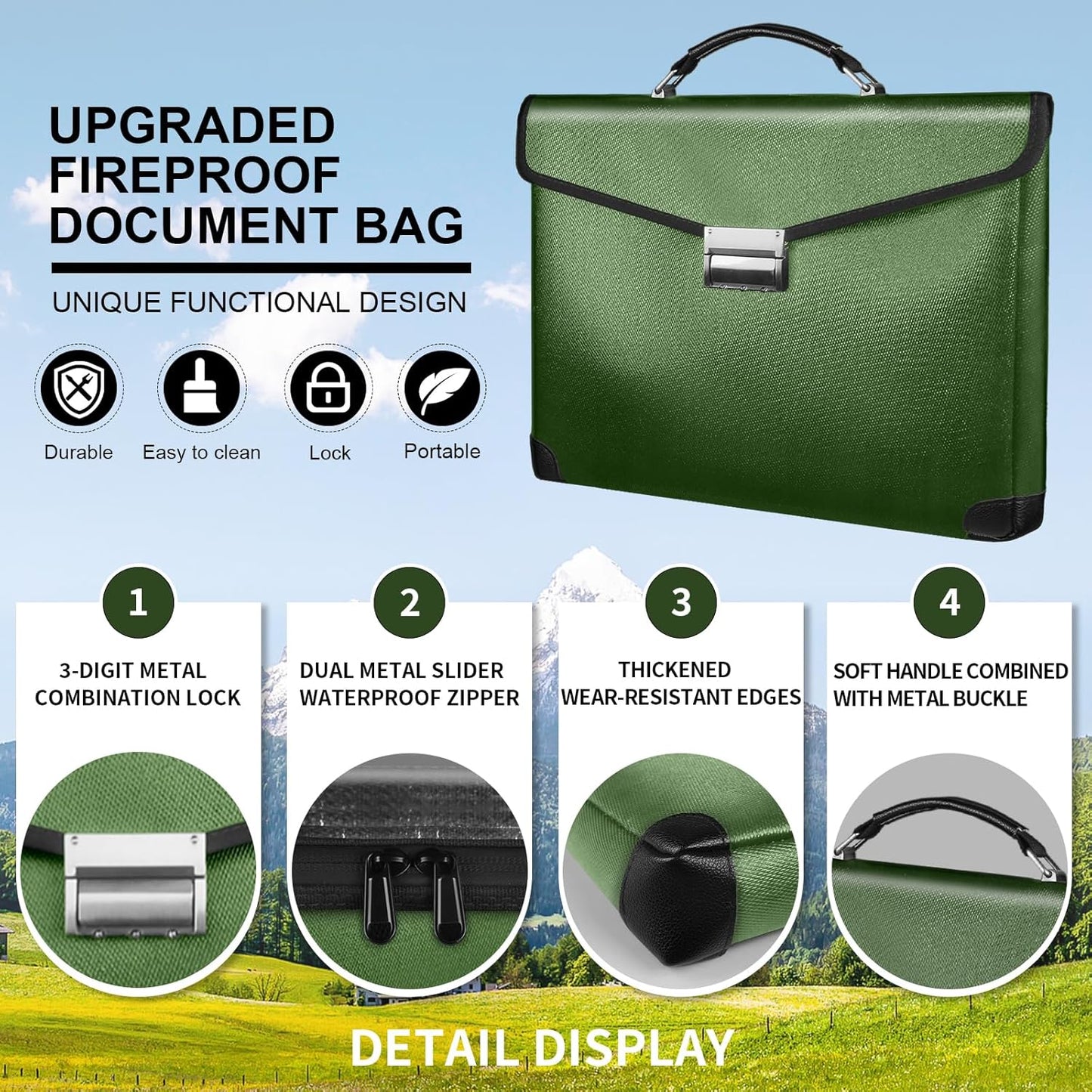 Fireproof Document Bag 14.5"X11"X2.5" Fireproof Money Bag for Cash With Lock and Zipper,Fire&Waterproof Storage Organizer Pouch for Valuables,Legal Document,Laptop,Passport,(Green)