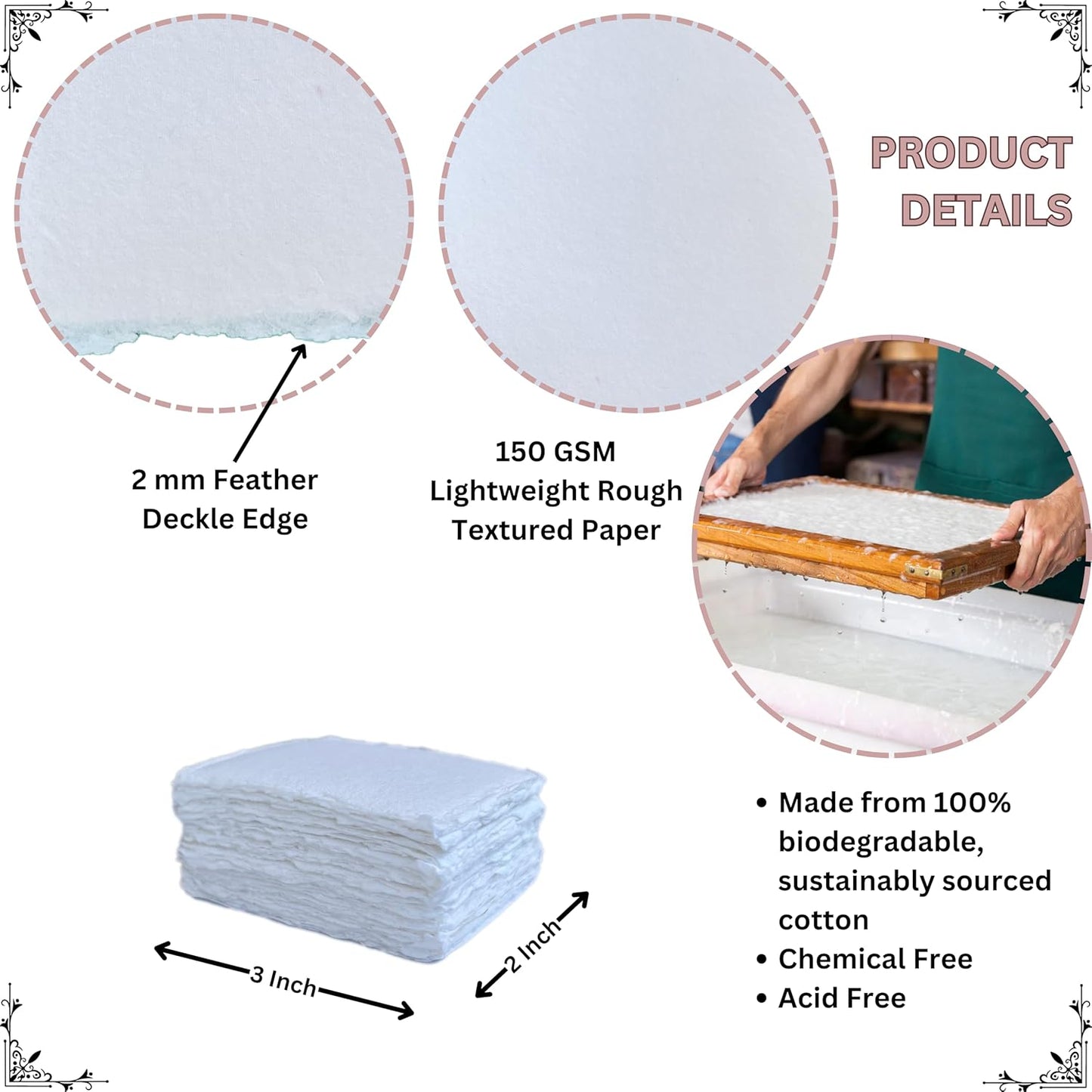 Handmade Cotton Paper with Deckle Edge Recycled Cotton Rag Mixed Media Card Stock for Placecard/Escort Cards, Place Cards, Vow Cards, Business Card (150gsm, 2x3 inch "A8", 50 Pack)