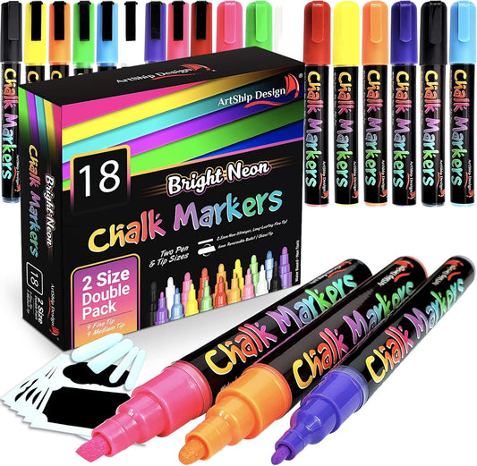 18 Neon Chalk Markers - Double Pack of Fine and Medium Tip Liquid Chalk Pens - Wet Erasable for Menu Boards, Glass, Windows, Whiteboards, Classrooms, Mirrors, Plastic
