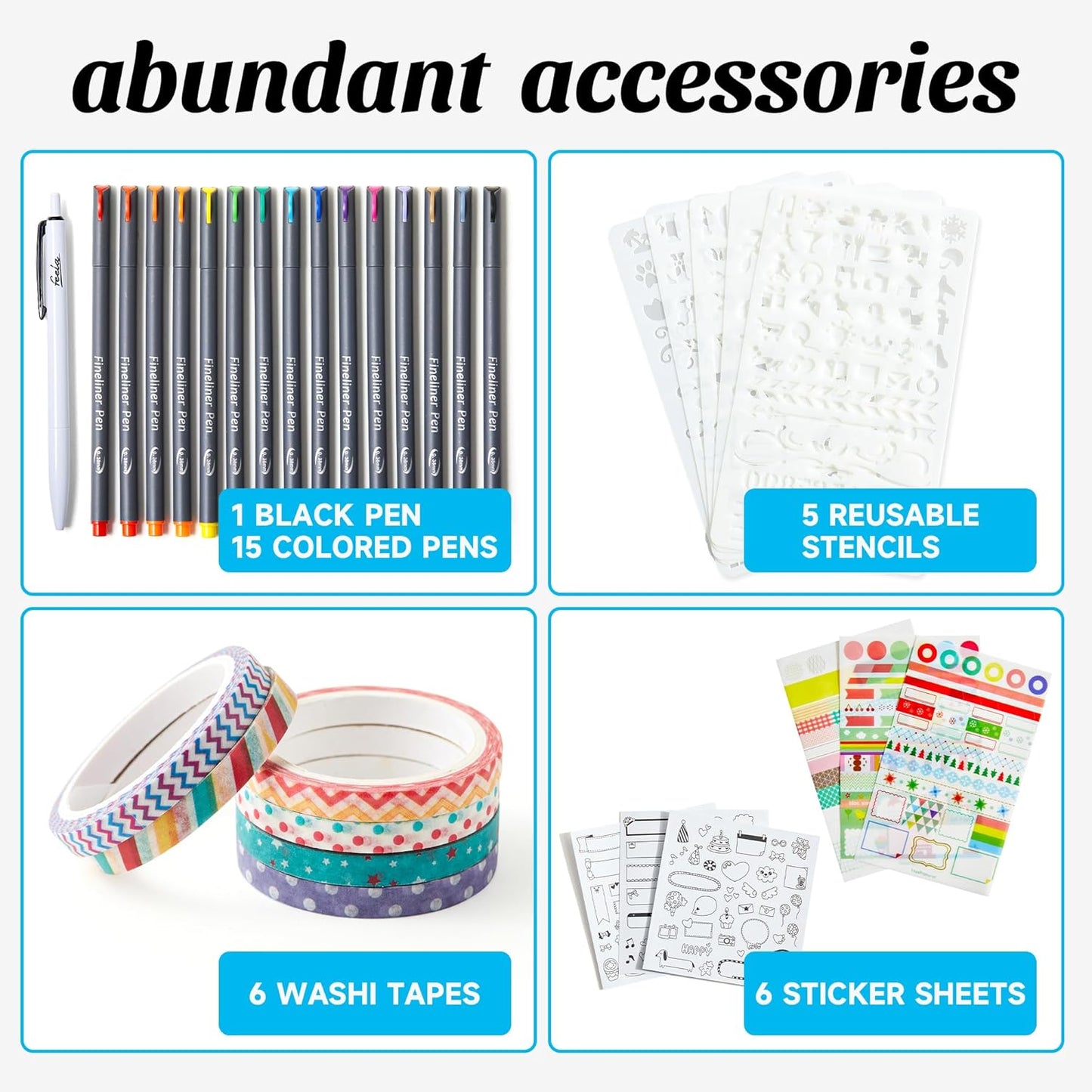 feela Dotted Journal Kit, Dot Grid Journal Hardcover Planner Notebook Set For Beginners Women Girls Note Taking with Journaling Supplies Stencils Stickers Pens Accessories, A5, 224 Pages, Brown