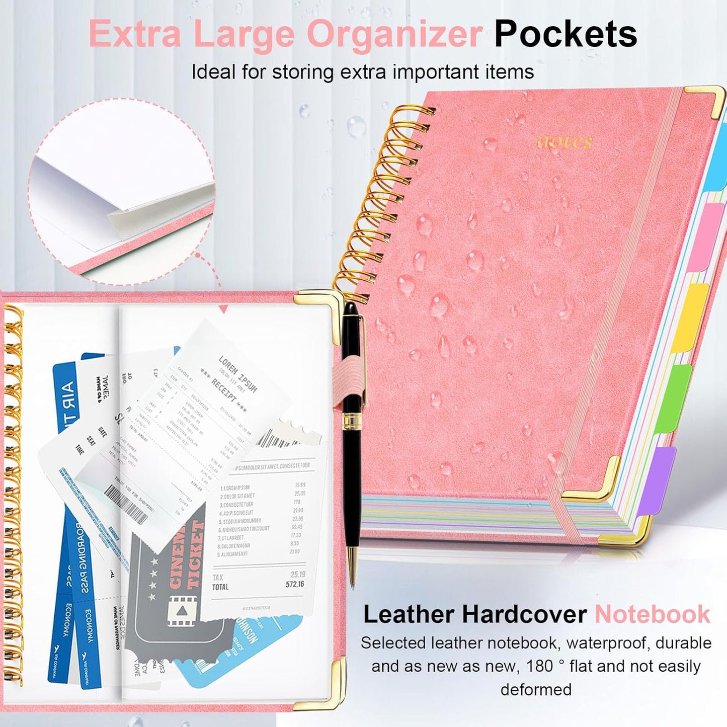 Hardcover Spiral Notebook 8"x10" Journal Notebook with Tabs and Removable Dividers 300 Pages 5 Subject Notebook College Ruled, Faux Leather Spiral Bound Notebook for Women, Students, School Work (Pink)