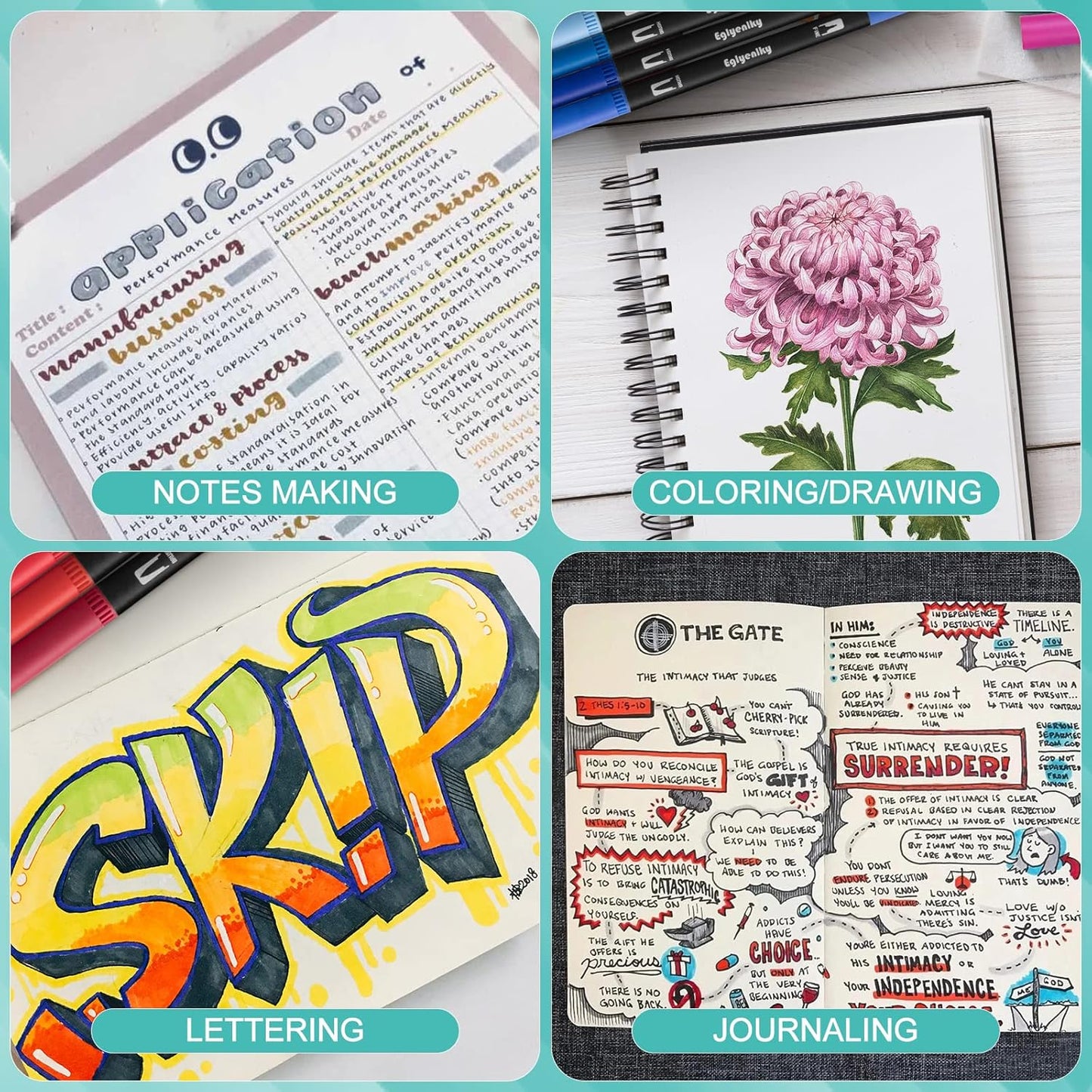 60 Coloring Pens for Adult Coloring Books, Dual Tip Brush Pens, Felt Markers with Fine and Brush Watercolor Marker Set for Kid Adult Artist Drawing