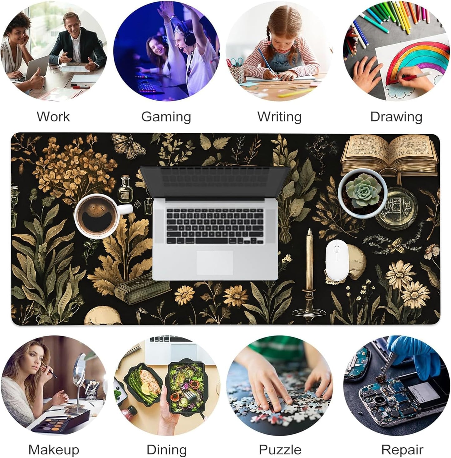 Desk Mat, Black Mystical Green Plant Skull Large Gaming Mouse Pad with Non-Slip Base Stitched Edges,Desk pad for Keyboard and Mouse Home Office 35.4"x15.7"