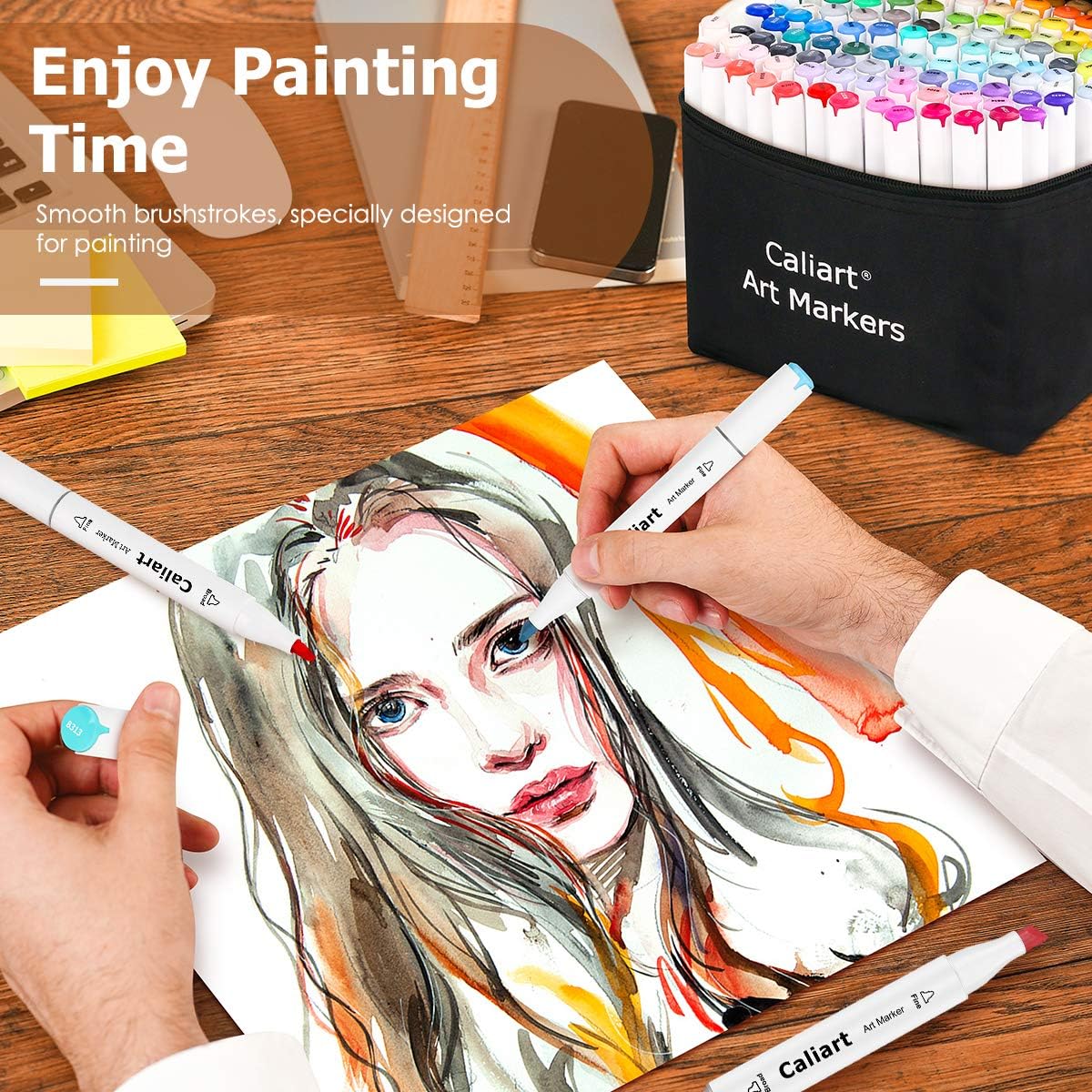 Caliart Markers, 100 Colors Dual Tip Art Markers Sketch Pens Permanent Alcohol Based, with Case for Adult Kids Halloween Drawing Sketching (White Barrel)