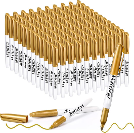 120 Pcs Metallic Permanent Markers Bulk Metallic Marker Pens Set Fine Point Metallic Markers Fine Tip Paint Markers for Gift Card Making, Artist Illustration, Industrial Marking (Gold)