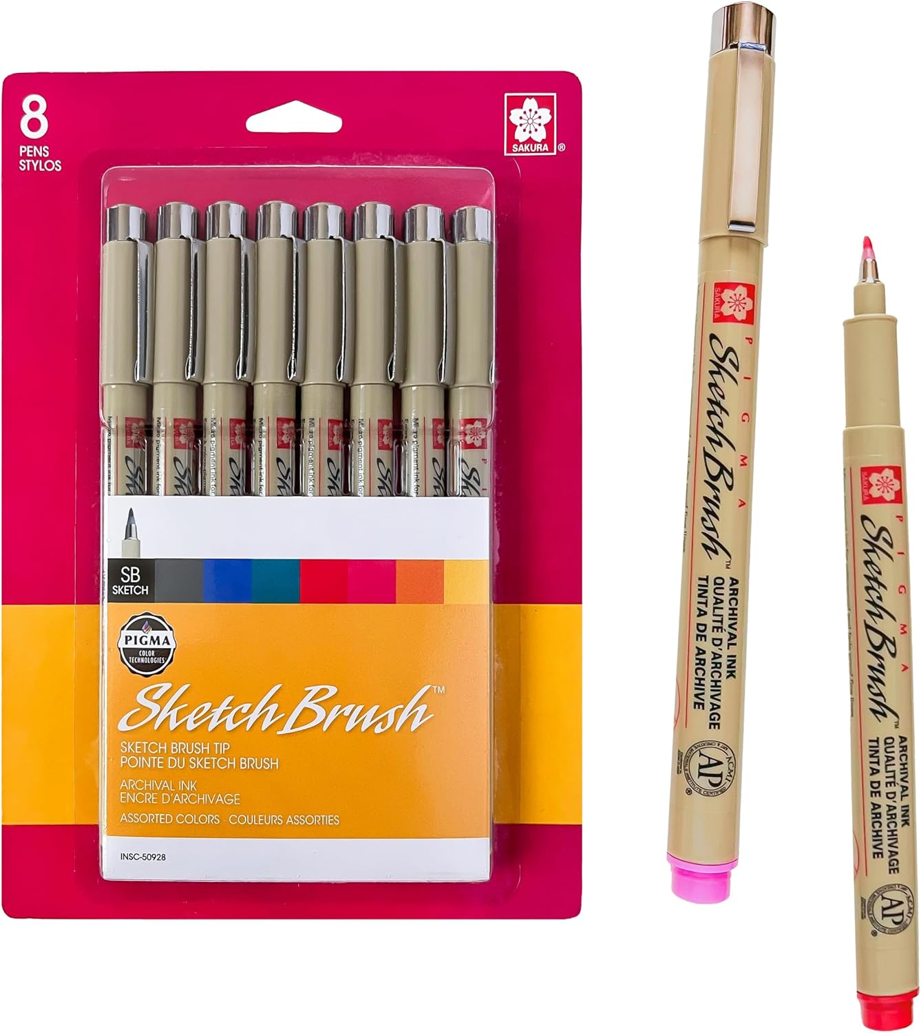 SAKURA Pigma Sketch Brush - Archival Ink Sketching Pens - Art Pens for Calligraphy, Hand Lettering & Writing - Assorted Archival Colors - 8 Pack