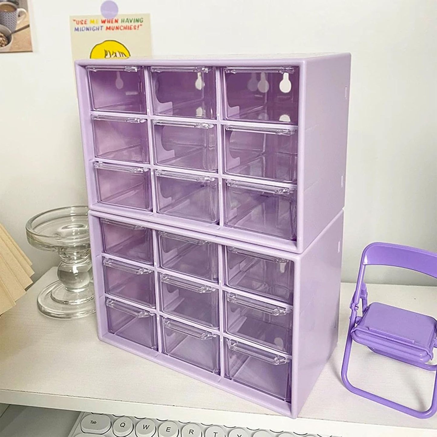 Feadily 2PCS Small Drawer Organizer for Desk, Desktop Drawer Organizer with 9 Clear Drawers, Plastic Desktop Storage Drawers 7.1 Inch x 3 .9 Inch x 4.7 Inch, Purple