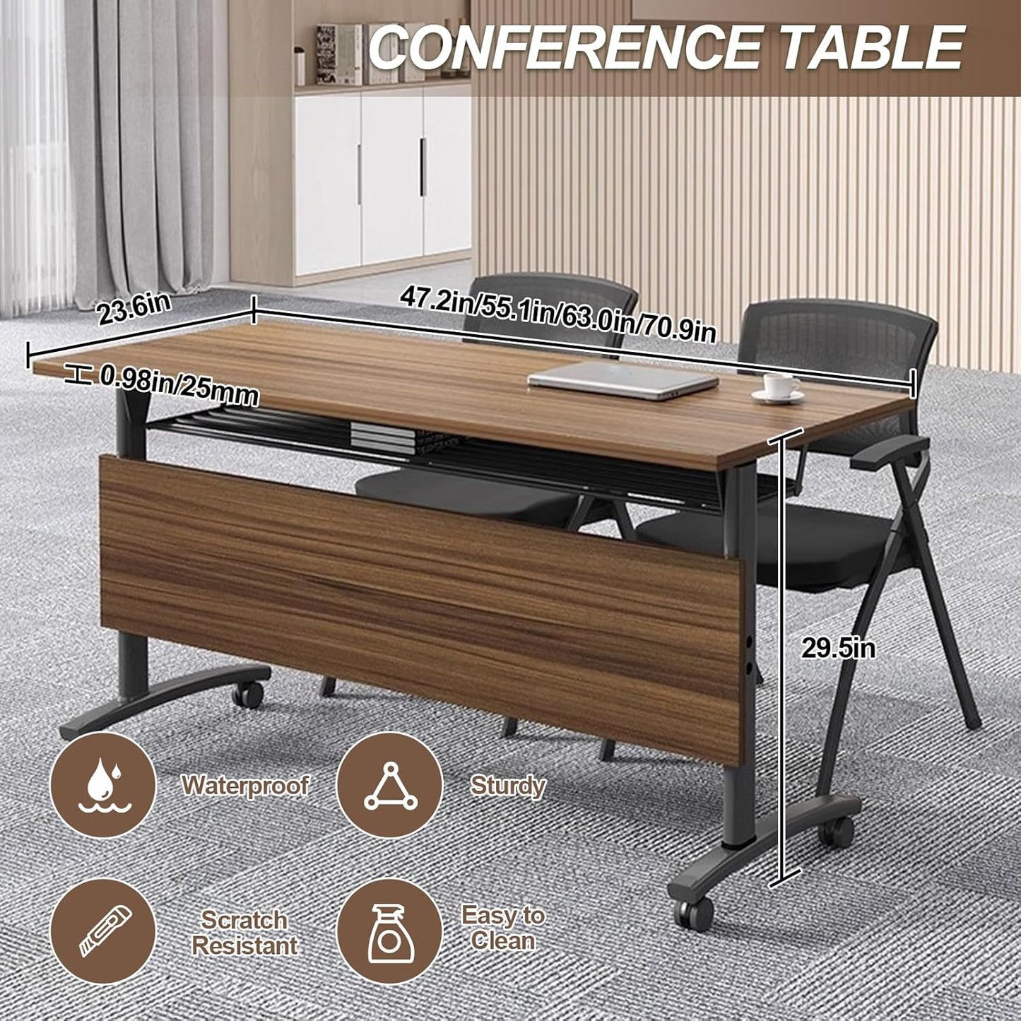Folding Conference Room Table, Modern Conference Tables with Wheels, Large Rectangular Mobile Training Tables for Office Classroom, Foldable Modular Boardroom Seminar Table Walnut (10pack L63in)