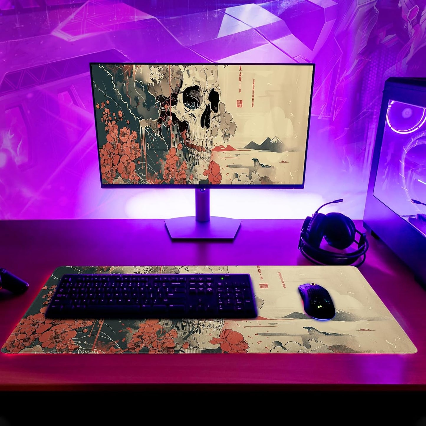 Japanese Ukiyo-e XL Anime Big Mouse Pads Large Skull Gaming Mouse Pad for Men Desk Pad with Stitched Edges Non-Slip Large Computer Mat, 31.5x11.8 in