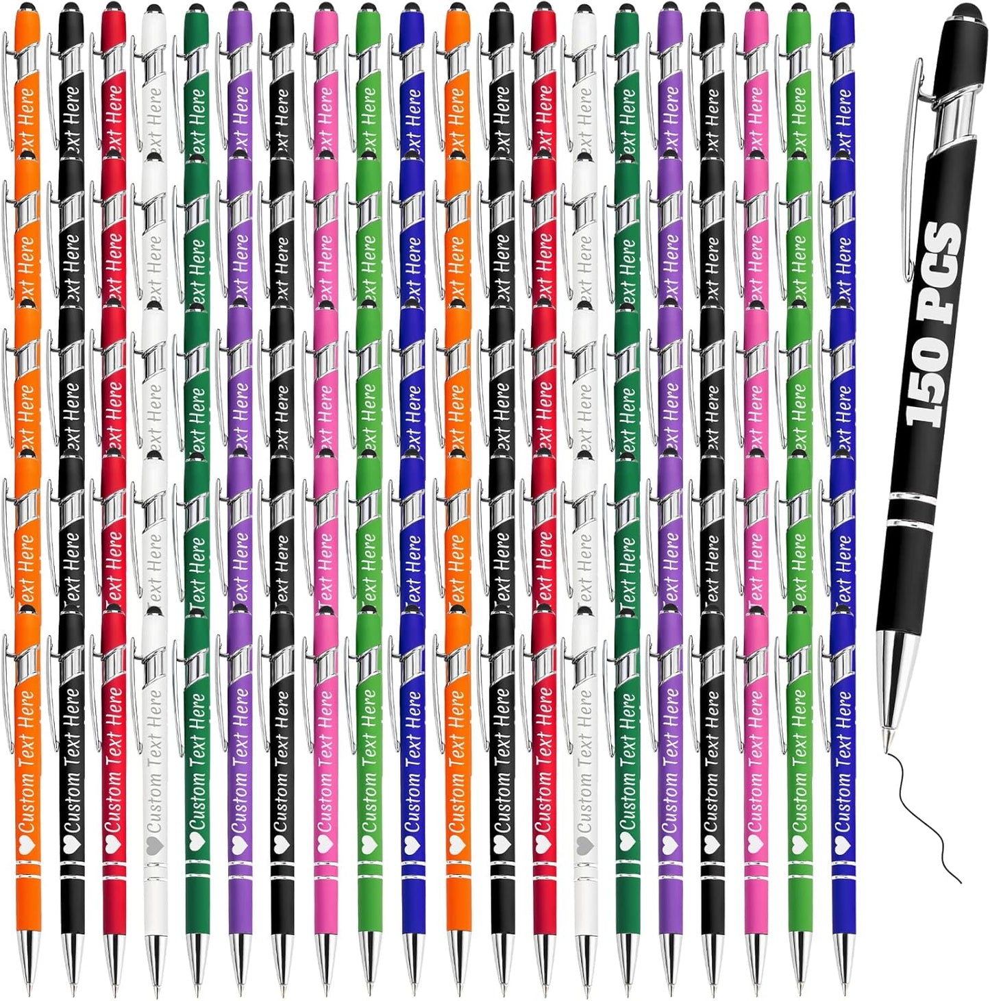Personalized Pens Bulk 150 with Name Custom Engraving Ballpoint Pens with Stylus Tip Customized Smooth Writing Pens Personalized Gifts for Anniversary Birthday or Graduation(Assorted,Black Ink)