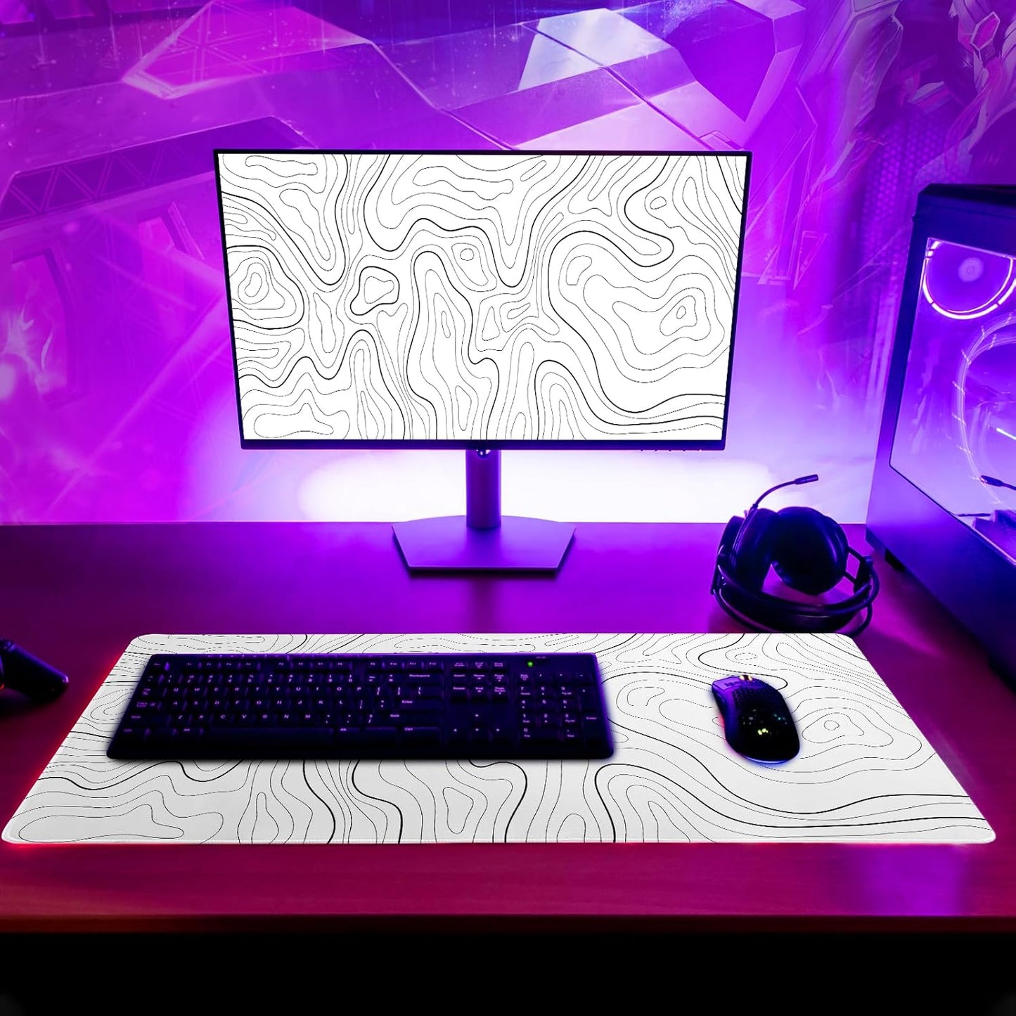Gaming Mouse Pad Topographic Large Mousepad Keyboard 31.5 x 11.8in for Non-Slip Base and Stitched Edge, Extended Desk Pad XL Desk Mat (White)