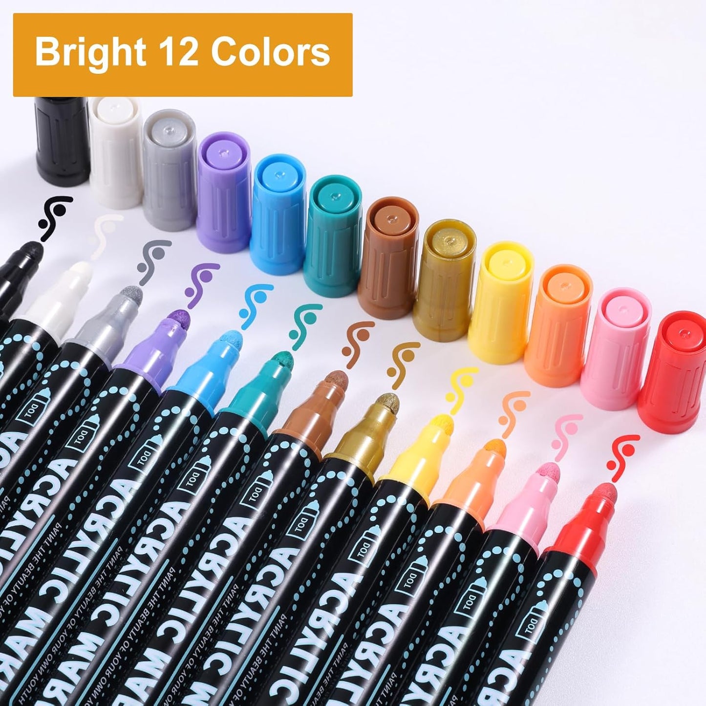 12 Colors Waterproof Dual Tip Acrylic Paint Pens, Dot & Fine Tip Premium Coloring Drawing Markers Set for Wood, Rock Painting, Canvas, Glass, Ceramic Surfaces and DIY Crafts Making Art Supplies