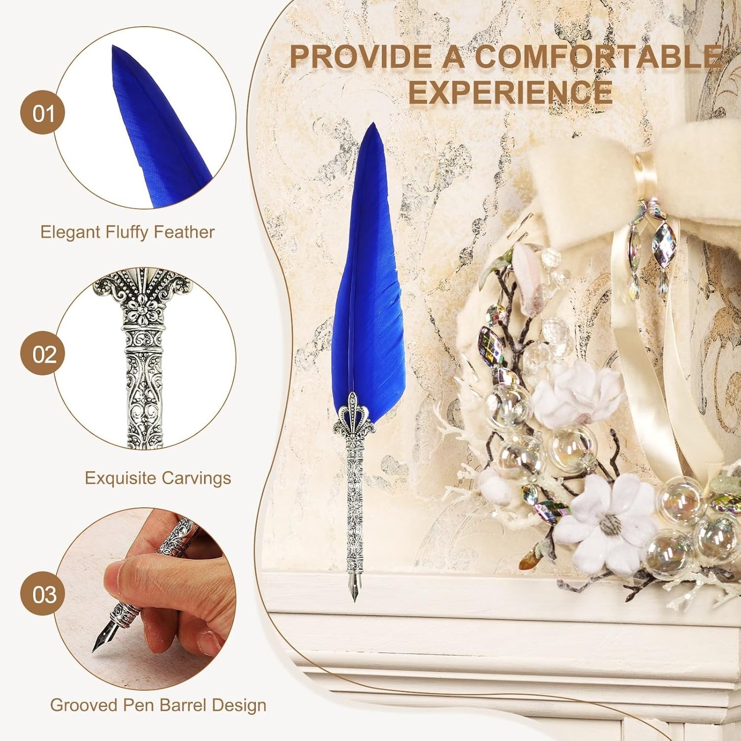 PATIKIL 26.5cm/10.4" Calligraphy Feather Quill Pen, Vintage Feather Dip Pen with 5 Replacement Nibs for Calligraphy Writing Wedding Office Gifts, Light Blue