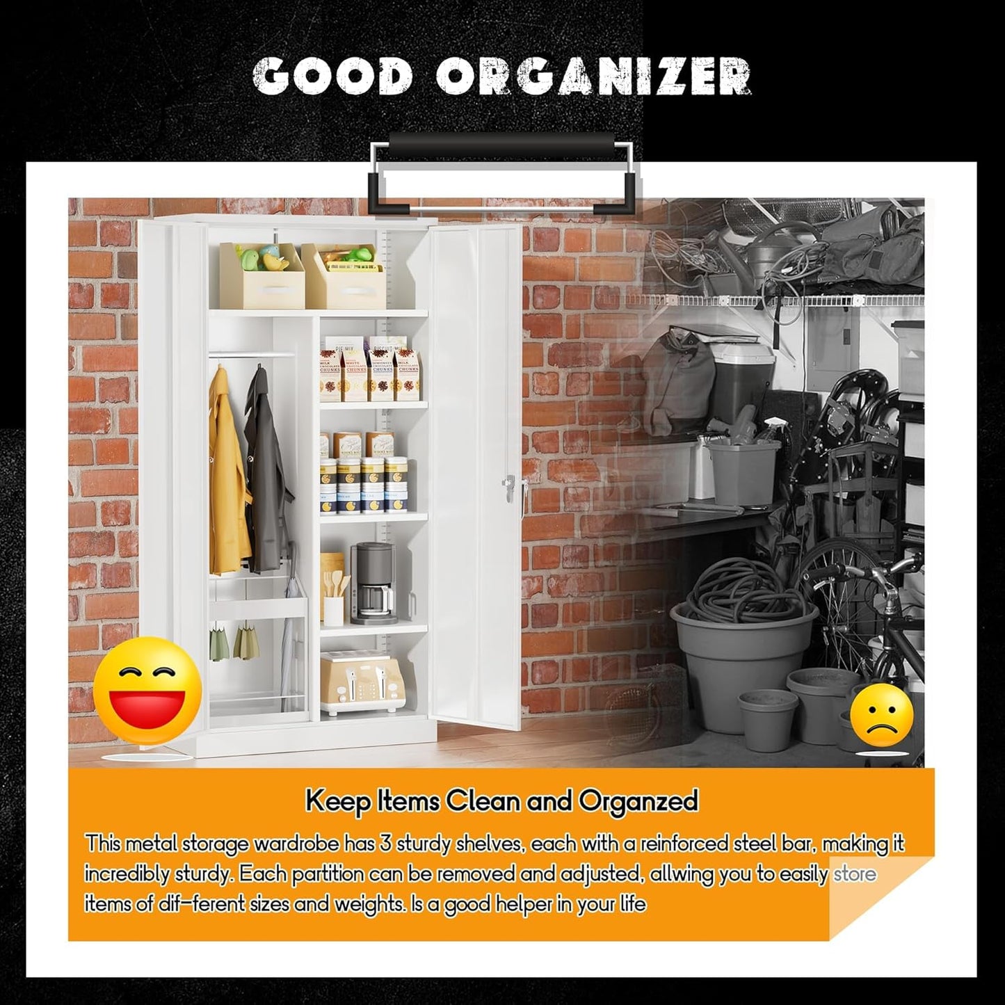 Greenvelly Metal Storage Cabinet Locker with Locking Doors,72" Metal Wardrobe Cabinet, Steel Storage Wardrobe with Hanging for Home Office, Garage, School, Gym（White 36" ×18"）