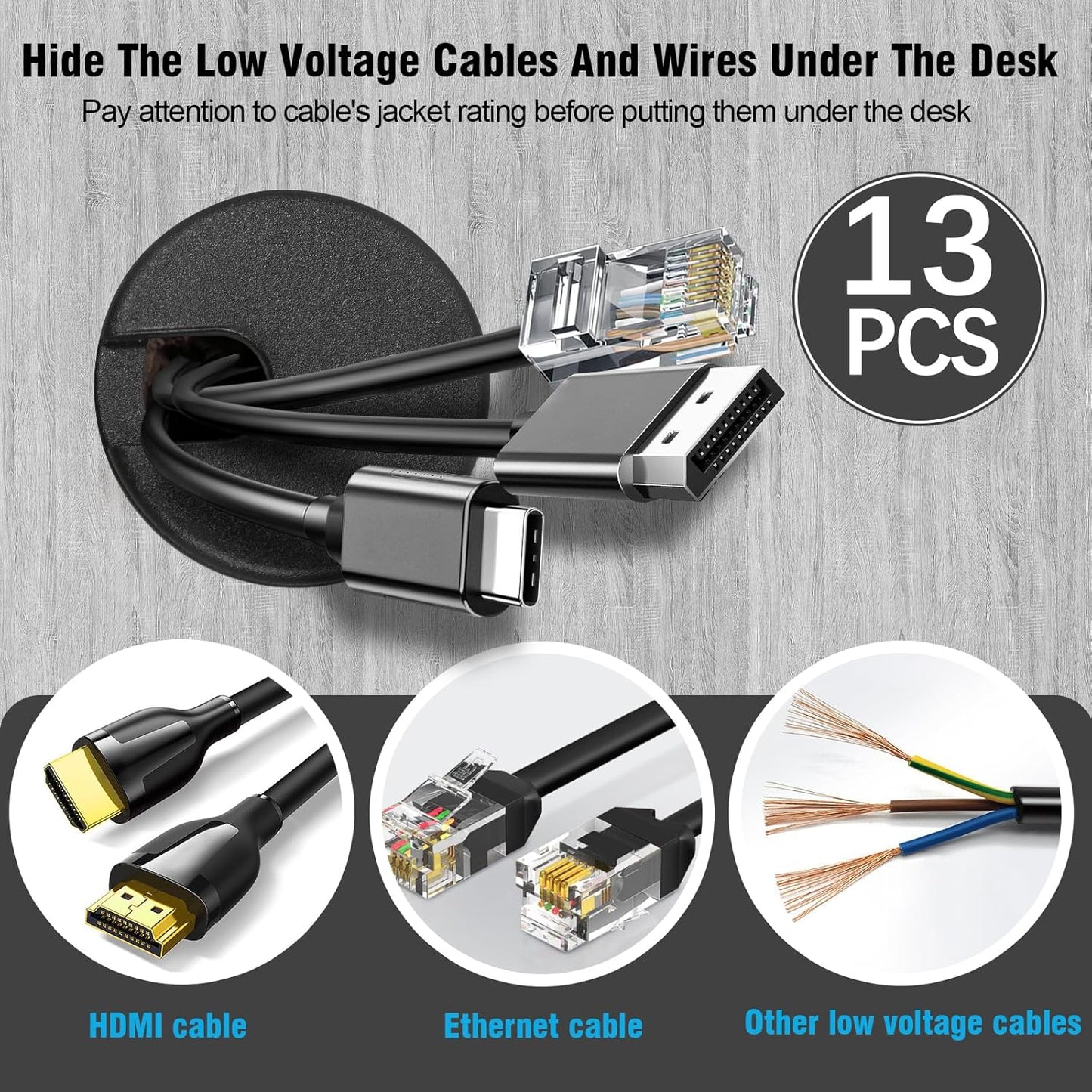 2" Black Desk Grommet with Bi-Metal Hole Saw, JTemgle Plastic Cable Hole Cover Computer Table Cord Wire Organizer Caps, Desktop Cord Management for Home Office TV Stands Tabletops, 13 Pieces