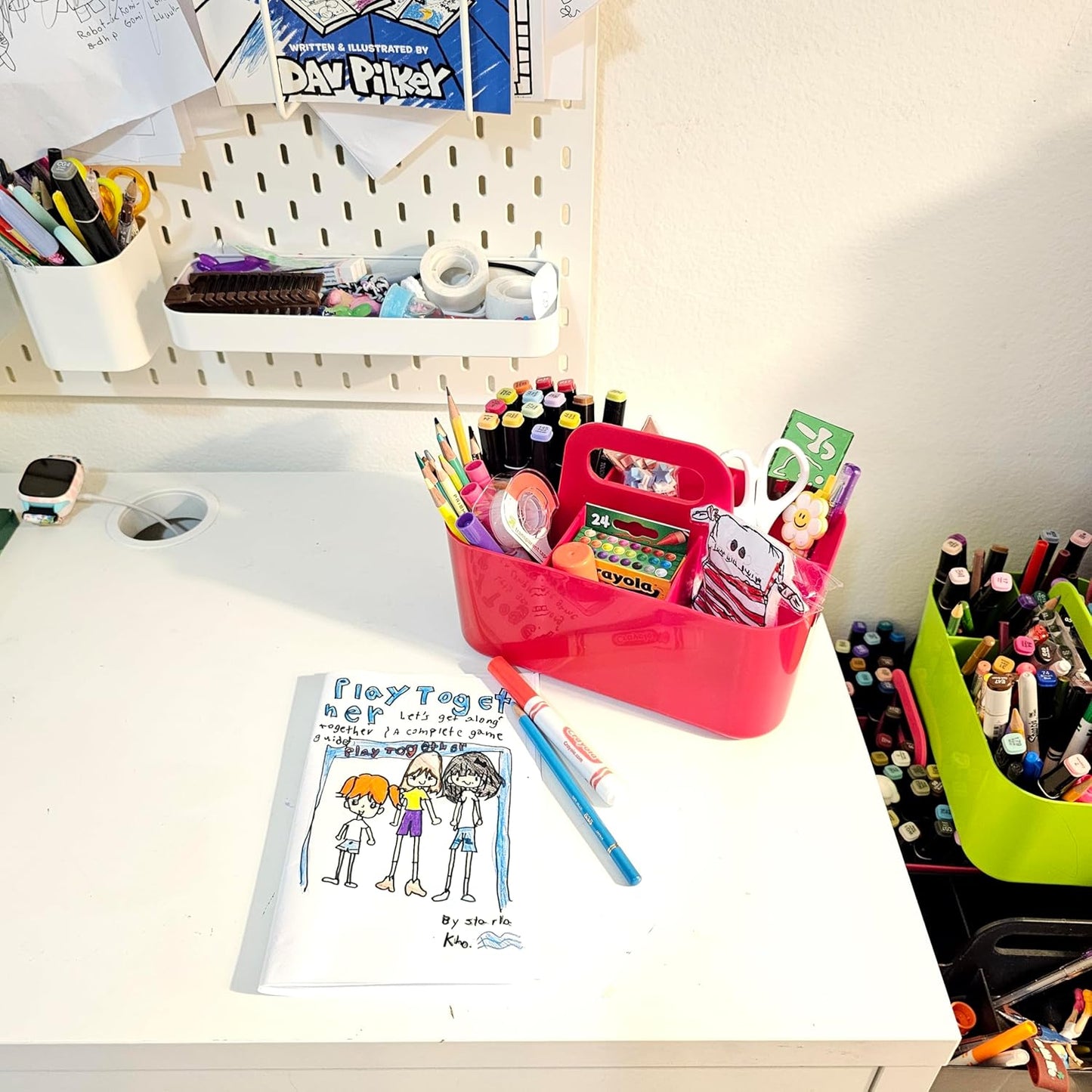 2 Pack Small 6 Compartment Multiuse Caddy Organizer with Handle Art Craft Supplies, Office, Desk, Stationery Pen Holder Stackable- Made In USA (Black/Pink)