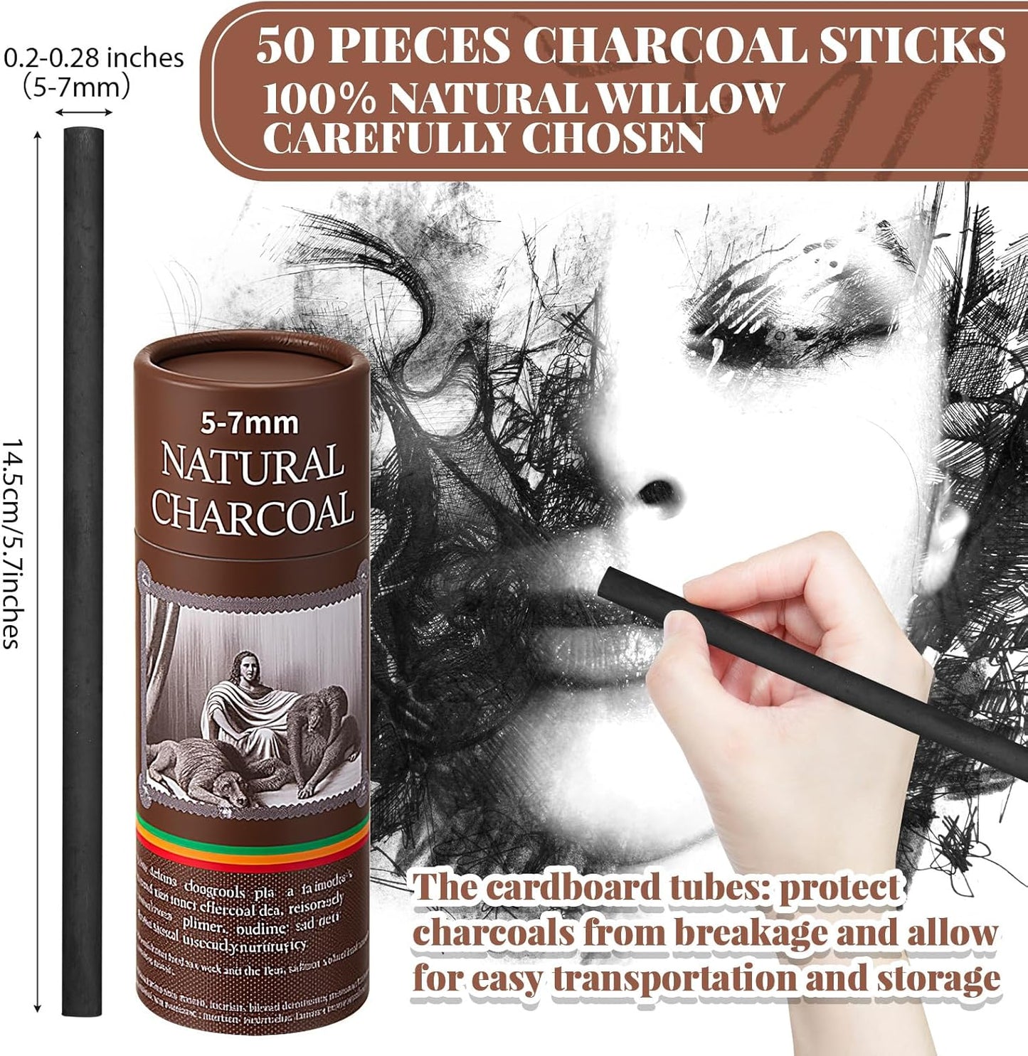 Gueevin 50 Pcs Willow Charcoal Sticks, Willow Charcoal, Artists, Beginners, Students, Perfect for Sketching, Drawing, Shading, and Fine Art (5-7mm)