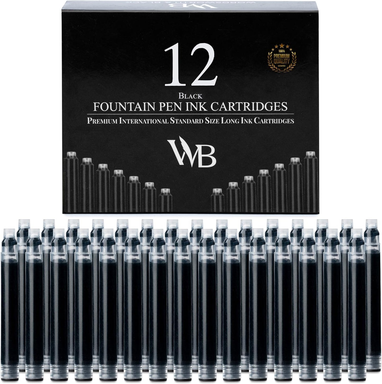 Wordsworth & Black 12 Pack Fountain Pen Ink Refills - Set of 12 Black Ink Cartridges - International Standard Size - Length APPR 2.3" - Base Diameter APPR 0.24" - Disposable and Generic
