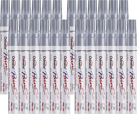 Overseas Silver Paint Pens Permanent Markers 24 Pcs, Oil Based Paint Markers Set, Quick Drying, Waterproof, Medium Tip Marker Pens for Metal, Rock, Wood, Plastic, Canvas, Glass, Stone, Rubber, Paper