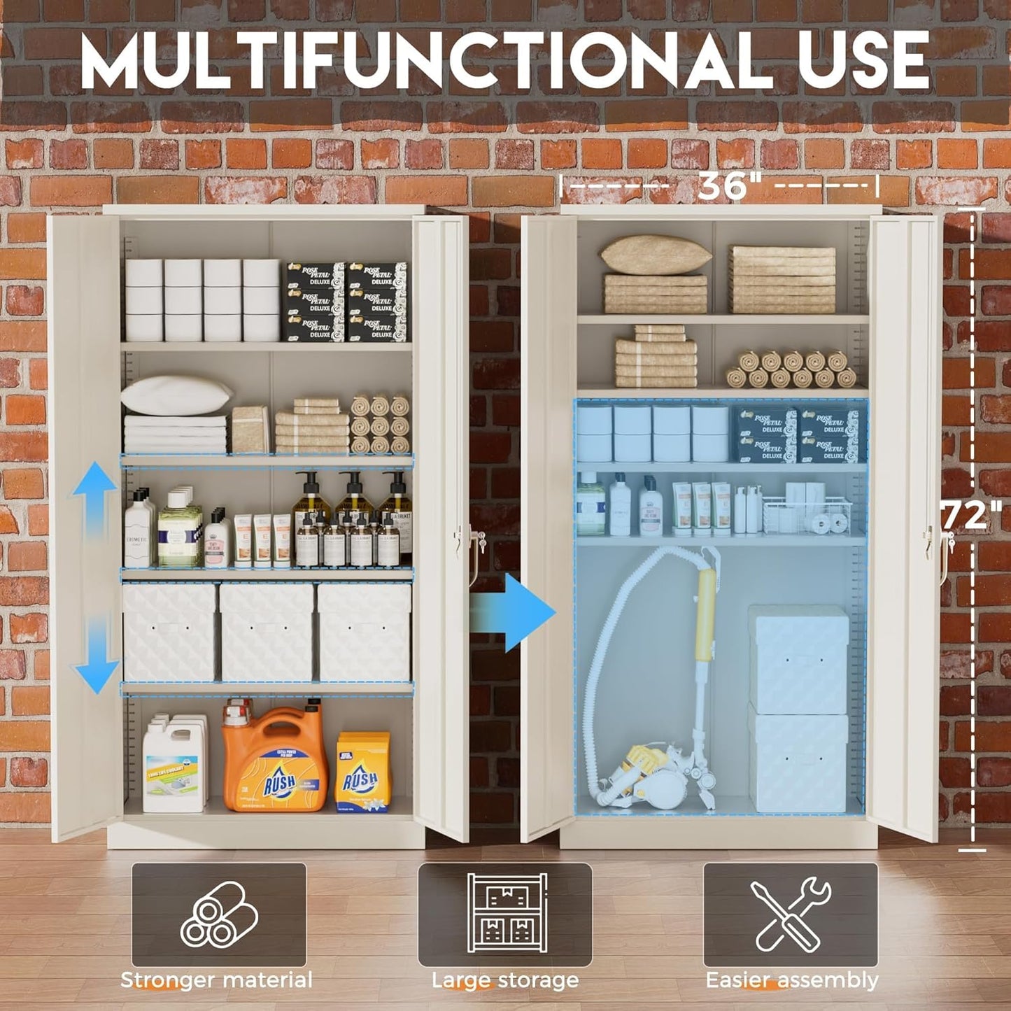 Greenvelly Garage Storage Cabinet,72" Metal Cabinet with 2 Doors and 4 Shelves,Steel File Cabinet for Home Office, Garage, Classroom（Grey 36" X 18"）
