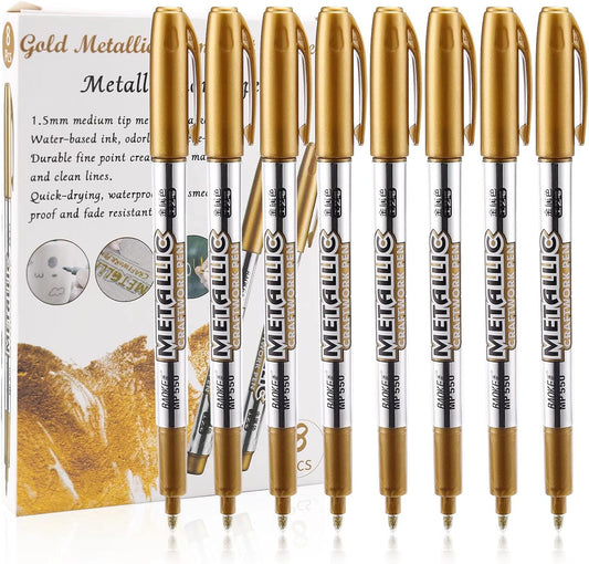 LOONENG Gold Marker Metallic, Fine Point Gold Markers Permanent Metallic for Adult Coloring, Black Paper, Scrapbook, Artist Illustration, Crafts, Gift Card Making, Fabric, DIY Photo Album, 8 Count