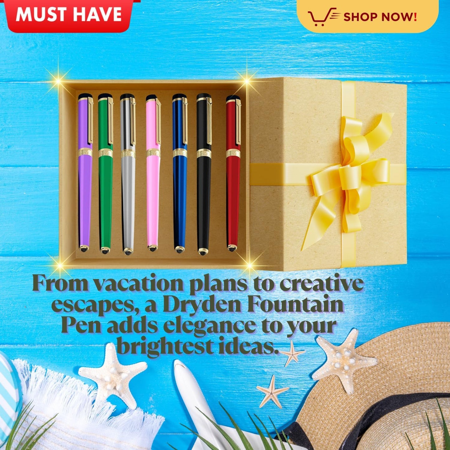 Dryden Designs Fine Nib Fountain Pen - Includes 24 Ink Cartridges - 12 Black and 12 Blue - Blue - Smooth Elegant Writing with Fine Nib and Ink Converters