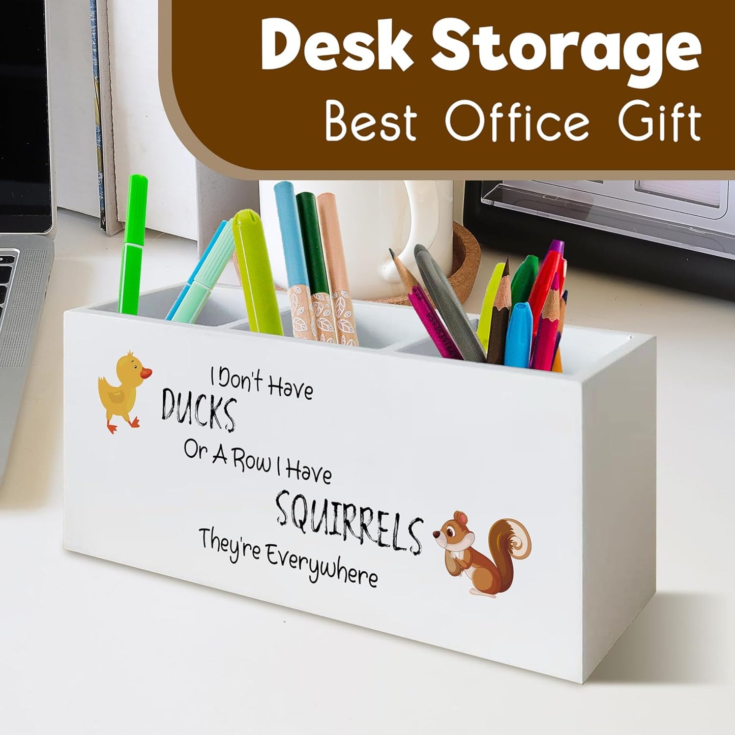 Funny Office Pen Holder for Desk, Dark Humor Office Work Gifts for Women Men Coworkers, I Don't Have Ducks in a Row Humorous Wooden Pen Pencil Holder Organizer for Desk Accessories