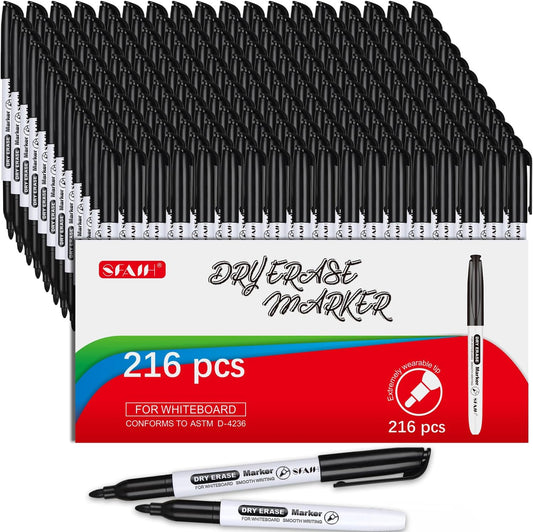 SFAIH Fine Tip Dry Erase Markers - 216 Pack Black Whiteboard Erasable Markers Bulk for Kids Adults, Ideal for Classroom School Office Home Use on White Board, Non-Toxic Easy Clean