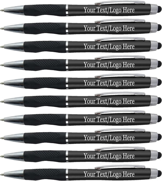 Personalized Stylus Pens With your Custom Logo or Text-300 Pack Bulk-for Businesses, Parties, and Events, 2 in 1 Ballpoint Pen + Capacitive Stylus for Touchscreen Devices, Black Barrel,Blue Ink