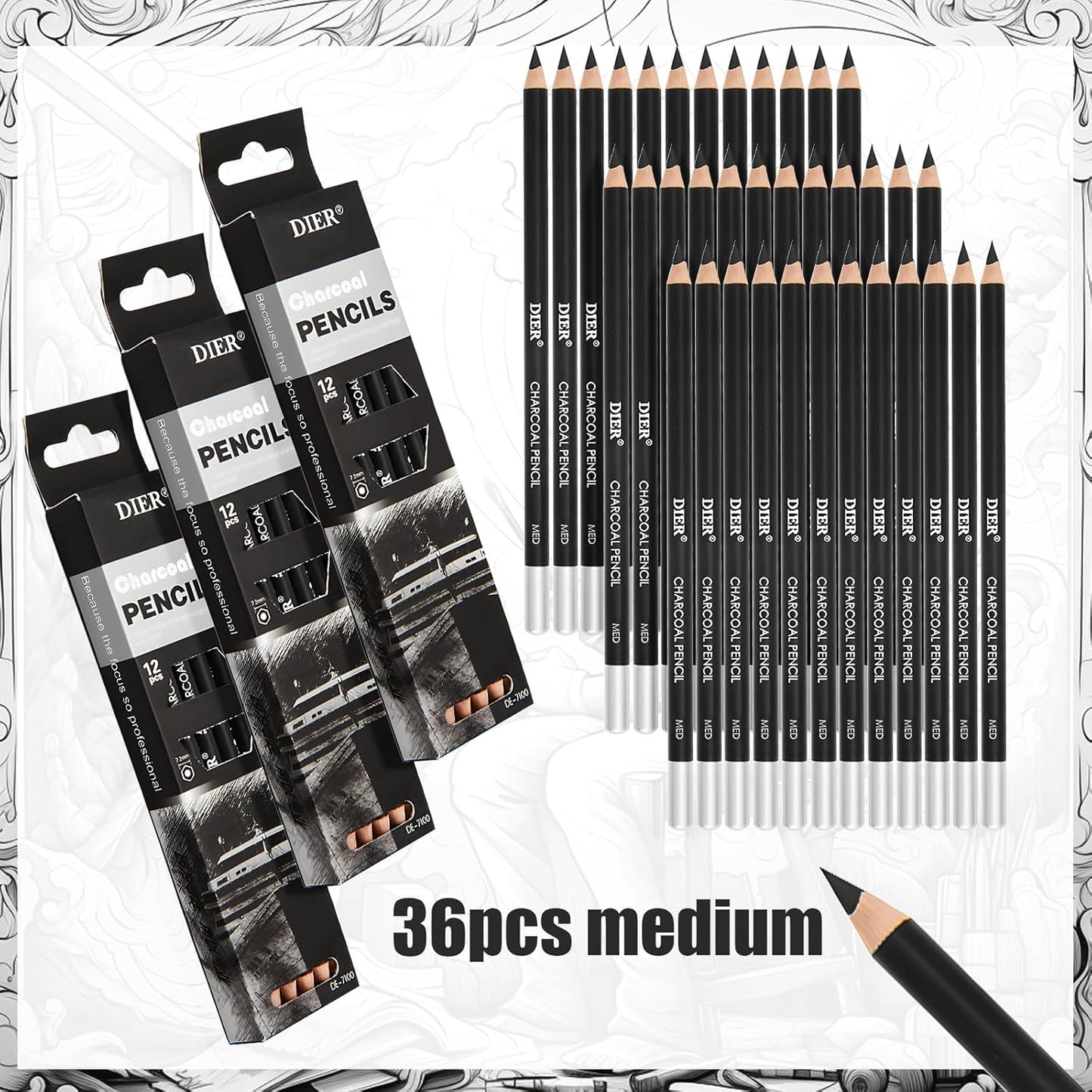 Geyoga 36 Pcs Professional Charcoal Pencils Soft, Medium and Hard for Drawing Charcoal Pencils for Sketching Shading Drawing Blending Portrait(Black, Medium)