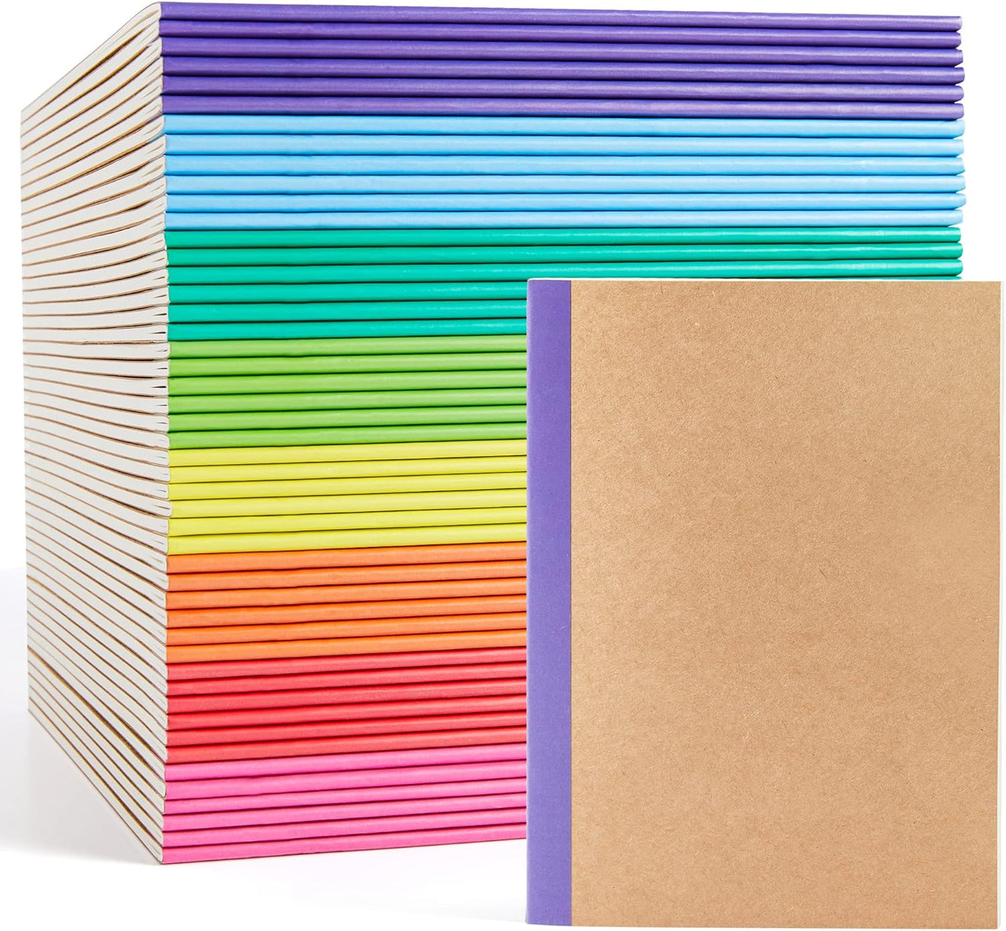 feela 48 Pack Composition Notebooks Bulk, Kraft Cover Lined Blank College Ruled Composition Travel Journals with Rainbow Spines For Women Students Business, 60 Pages, 8.3”x 5.5”, A5, 8 Colors