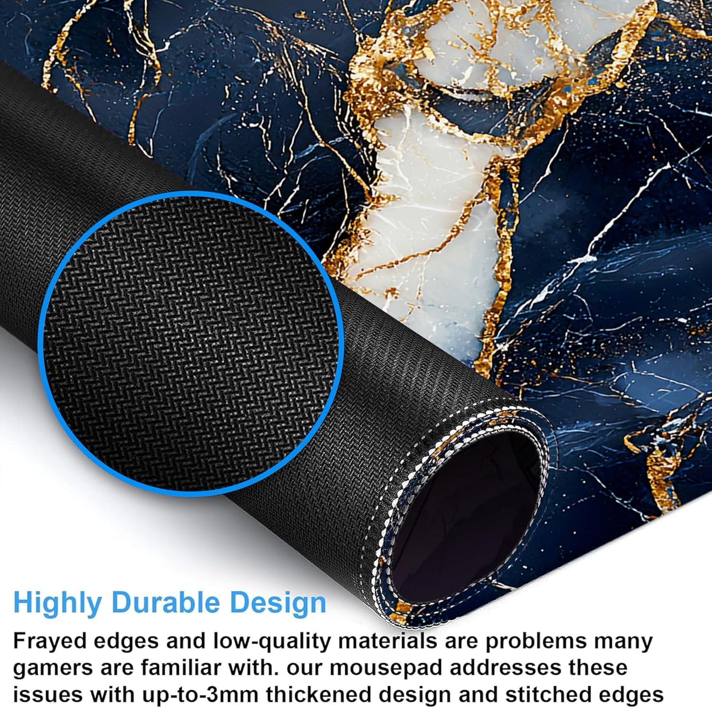 Desk Mat, Navy Blue and White Marble Texture Large Gaming Mouse Pad with Non-Slip Base Stitched Edges,Desk pad for Keyboard and Mouse Home Office 35.4"x15.7"