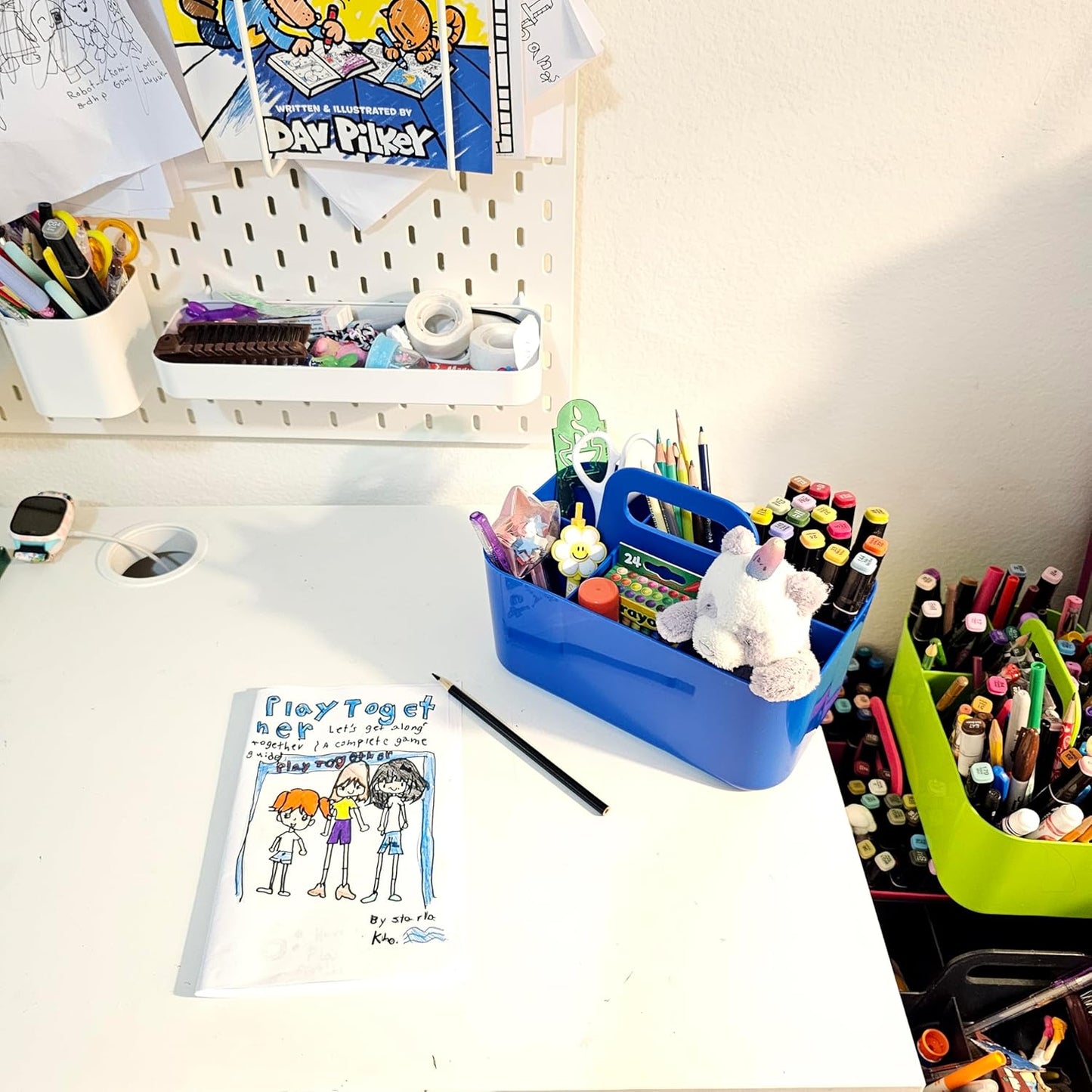 2 Pack Small 6 Compartment Multiuse Caddy Organizer with Handle Art Craft Supplies, Office, Desk, Stationery Pen Holder Stackable- Made In USA (Blue)