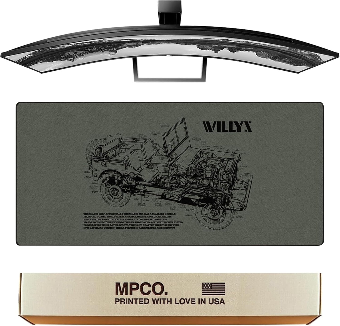 MPCO. Blueprints Large Gaming Desk Pad - 36" x 17" Aeroglyde Fabric Willys Jeep – Green Desk Mats - Non-Slip, Washable, Smooth Glide for Precision Gaming & Work