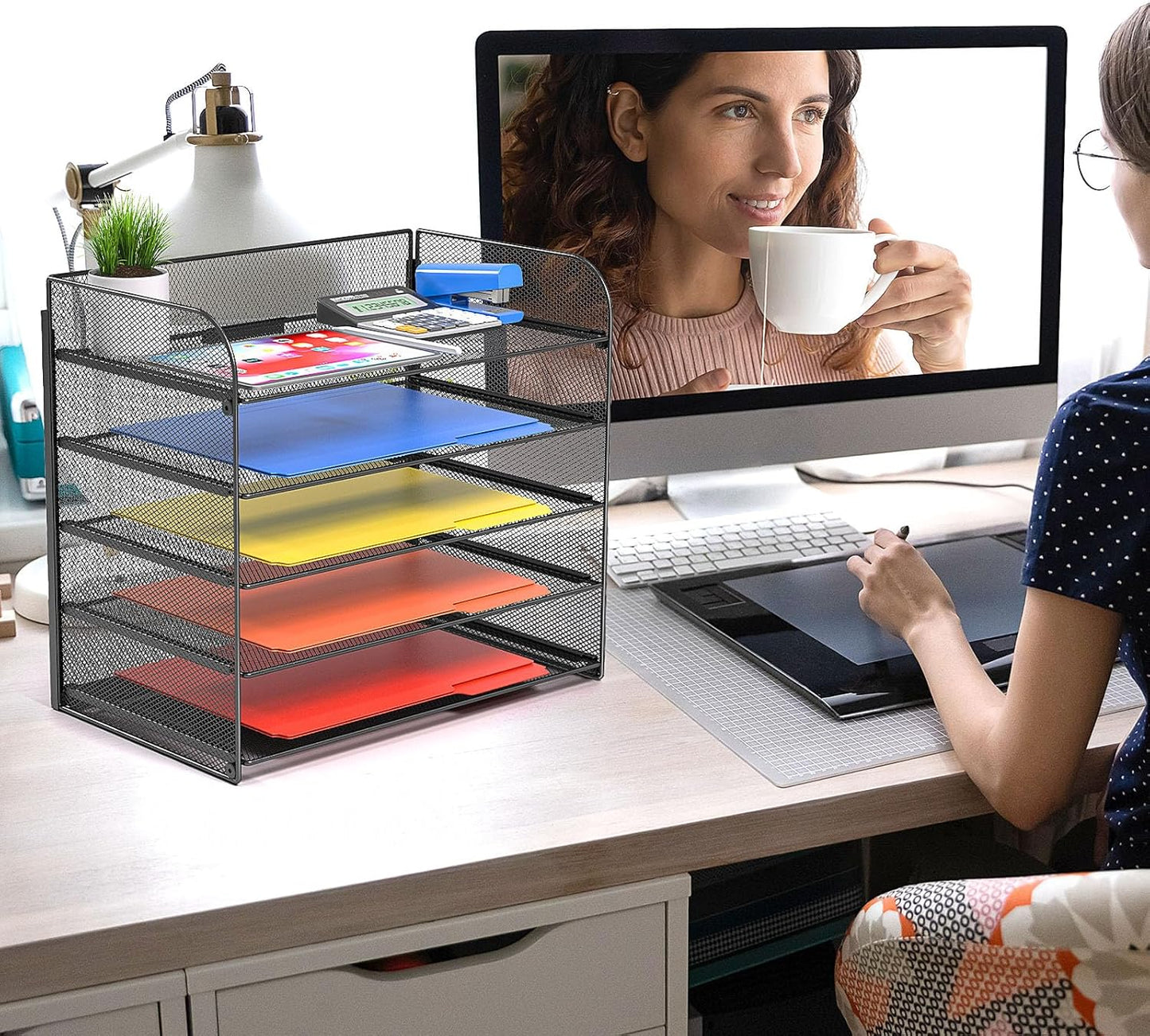 2 Pack Legal/A4/Letter Size Desk Paper Organizer Desktop File Organizer Document Sorter, 5 Tier Mesh Letter Tray File Folder Holder Office Accessories Organization