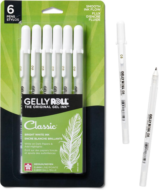 SAKURA Gelly Roll Gel Pens - Medium Tip Ink Pens for Journaling, Art, or Drawing - Classic White Ink - All are Tip Size Medium 08-6 Pack