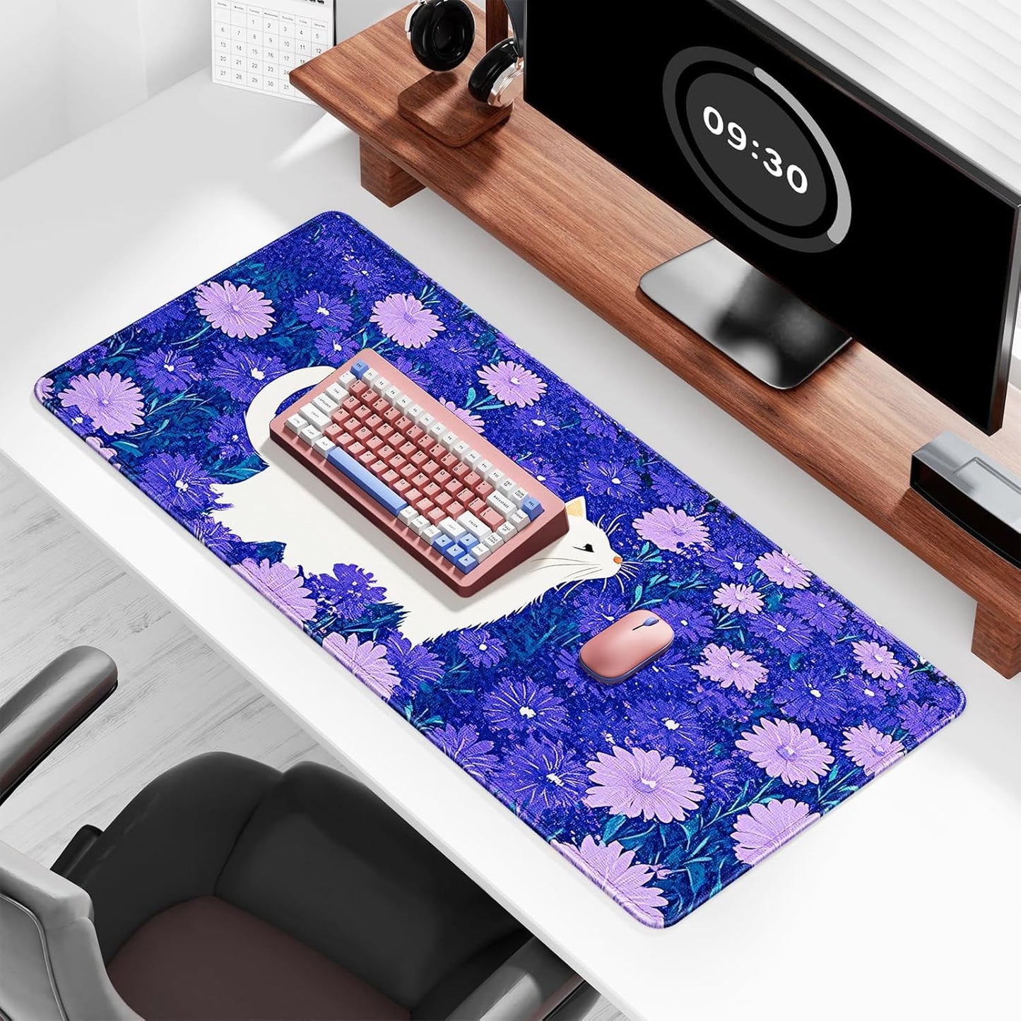 Auhoahsil Large Gaming Mouse Pad, Cute Cat XXL 35.4 x 15.7 in Desk Pad Stitched Non-Slip Rubber Long Computer Mousepad Thin Extended Full Size Desk Mat for Desktop, Laptop, Wireless Mice, Purple