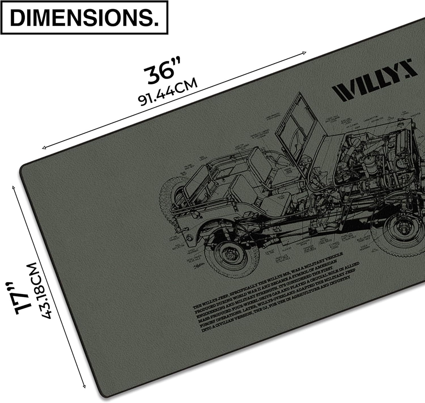 MPCO. Blueprints Large Gaming Desk Pad - 36" x 17" Aeroglyde Fabric Willys Jeep – Green Desk Mats - Non-Slip, Washable, Smooth Glide for Precision Gaming & Work