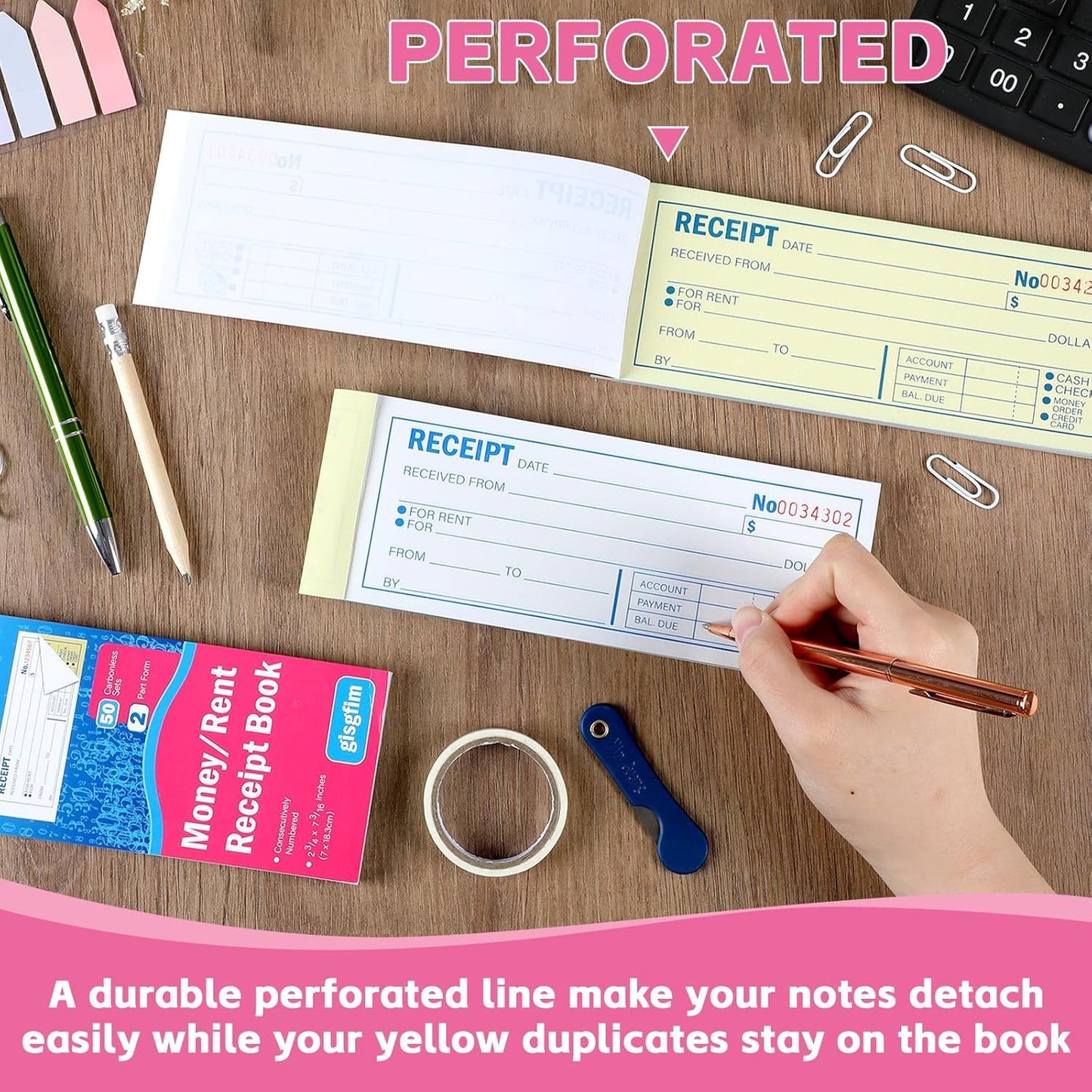 gisgfim 15 Pads Receipt Book with Carbon Copies Money and Rent Receipt Book 2 Part Carbonless Bound Wraparound Cover Petty Cash Business Invoice Book for Small Business 2-3/4 x 7-3/16Inch 50 Set/Book