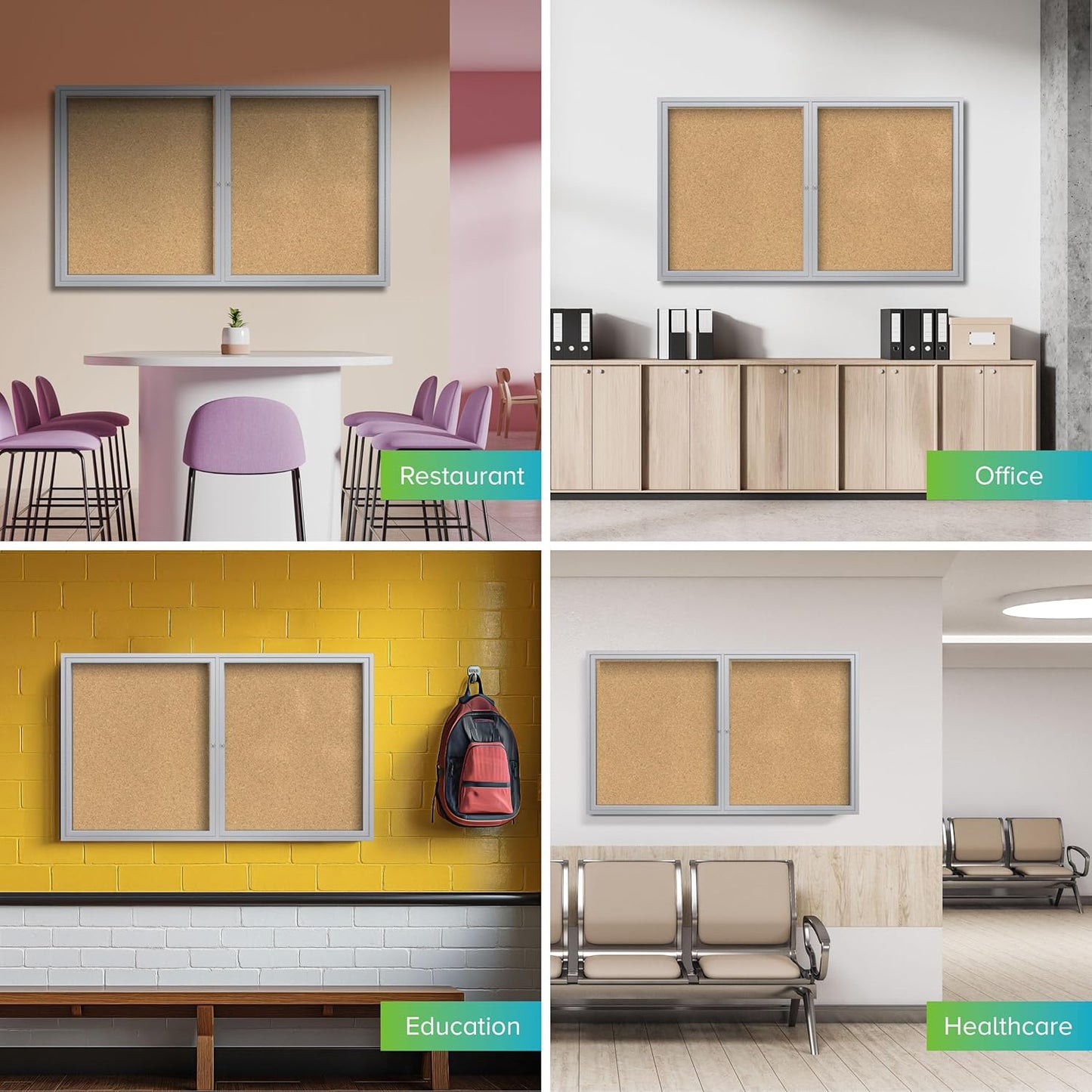 Ghent 36"x60" 2-Door indoor Enclosed Bulletin Board , Shatter Resistant, with Lock, Satin Aluminum Frame - Natural Cork (PA23660K) Made in the USA