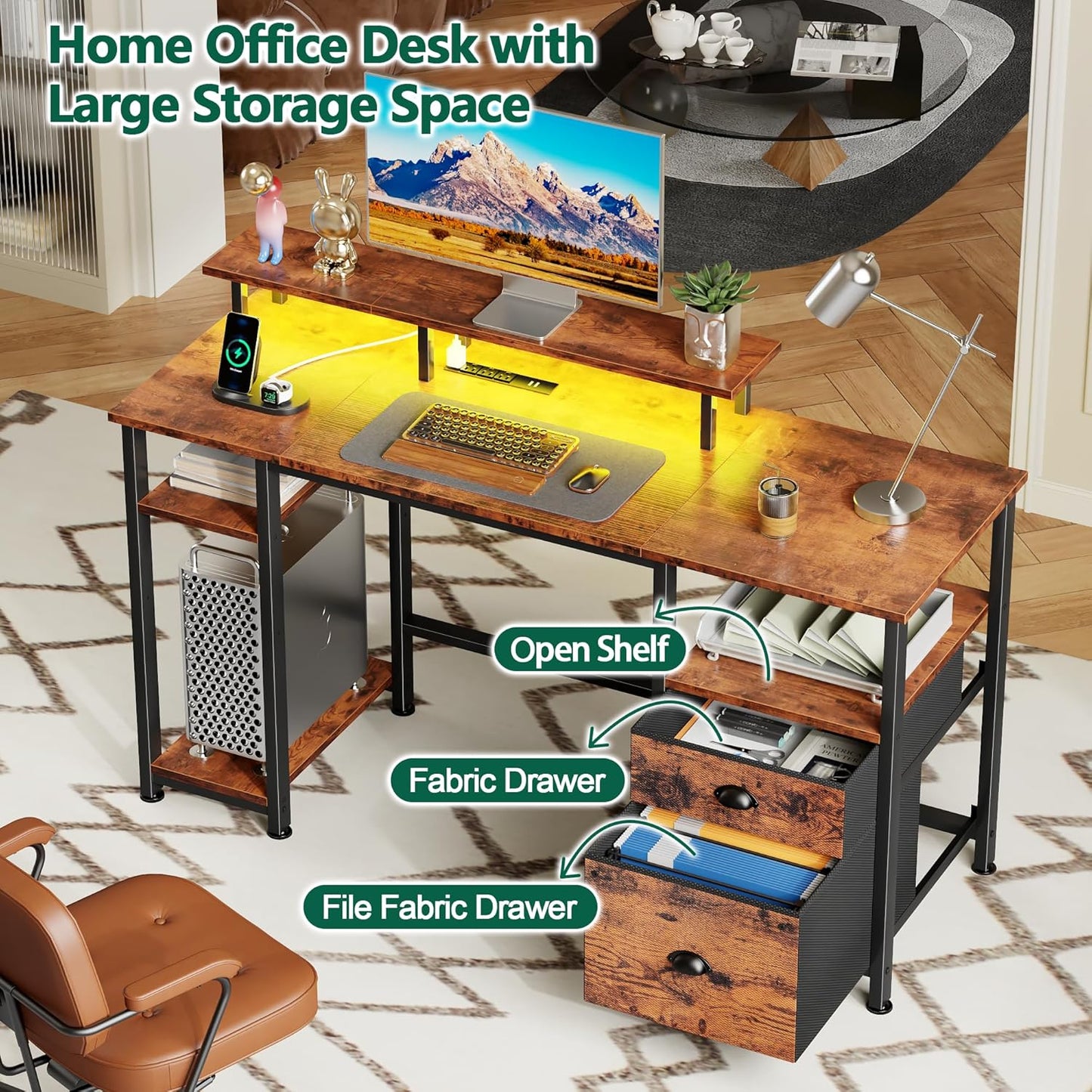 Furologee 51" Computer Desk with Power Outlet and LED Lights, Reversible Home Office Desk with File Cabinet & Monitor Stand, Large Gaming Table with Storage Shelves & Drawer, Rustic Brown