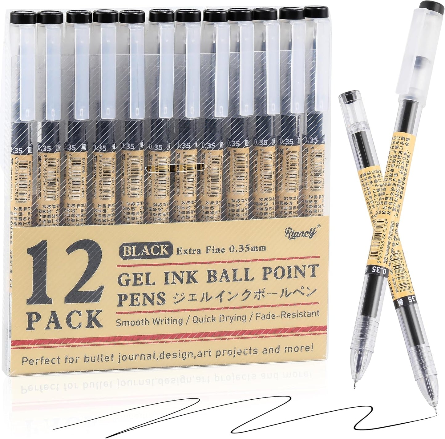 RIANCY Black Gel Ink Pens, 0.35mm Extra Fine Point Tip Smooth Writing Rollerball Pens, Japanese Style No Smudge Ballpoint Pen, Quick Drying for Journaling Office School Stationery Supplies 12pcs