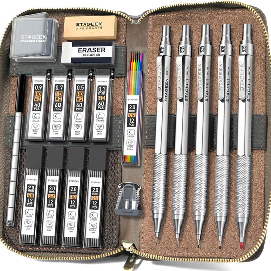Metal Mechanical Pencil Set in Leather Case, 5PCS Art Drafting Pencil 0.3, 0.5, 0.7, 0.9 & 2mm Lead Holder, 9 Tube (4B 2B HB 2H Colors) Lead Refills for Drawing, Sketching, Writing (Silver)