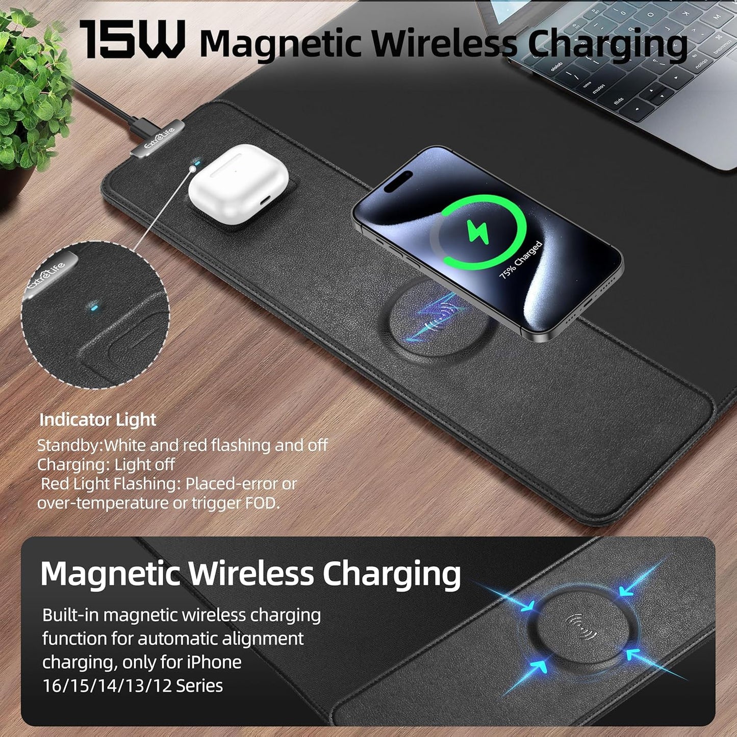 Mouse Pad with Wireless Charging, Gaming Mouse Pad with Ultra-Smooth Surface, Large XXL Desk Mat, Non-Slip Mouse Mat, Waterproof Computer Keyboard Pad for Gaming, Desk, Office, PC, 900x400x4MM, Black