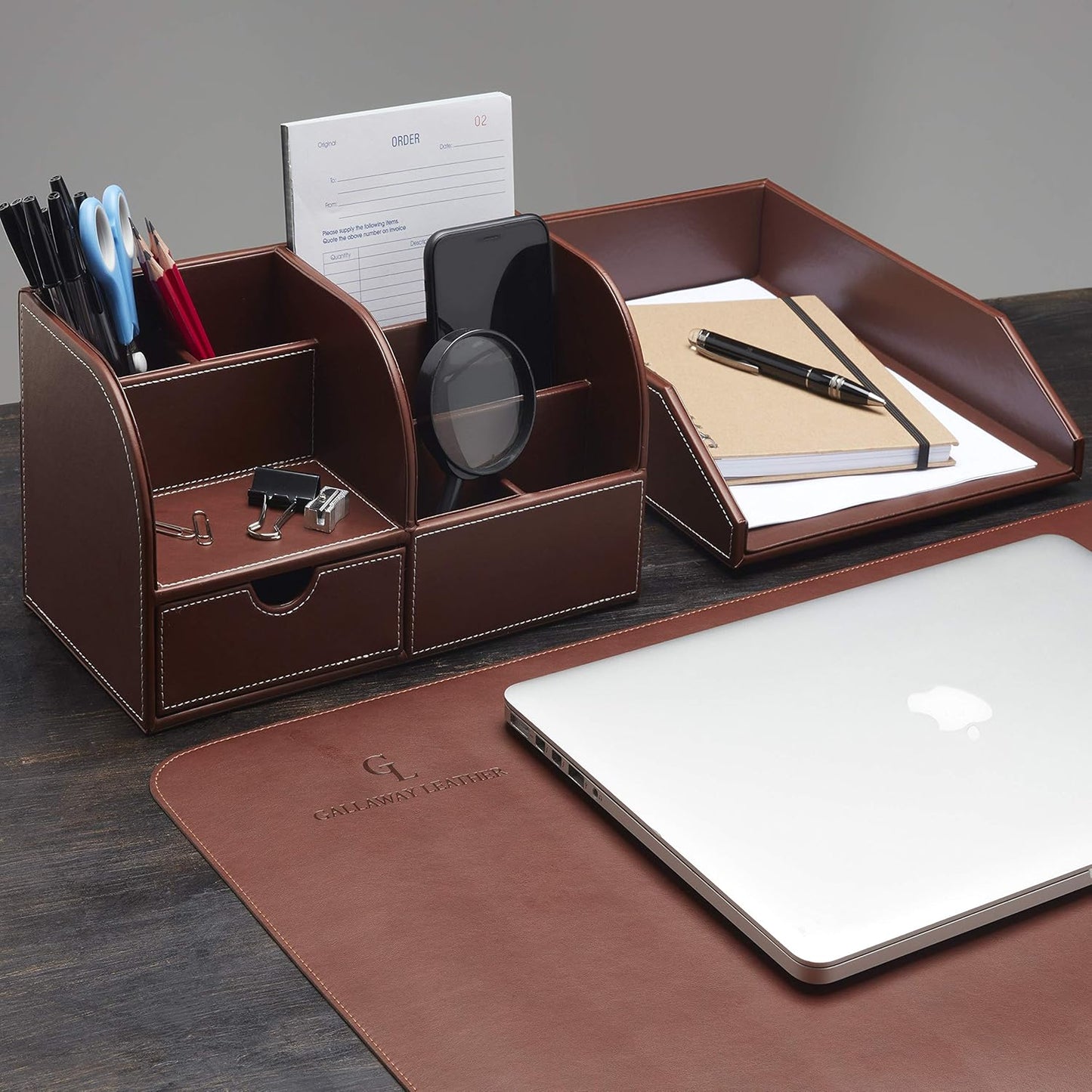 Gallaway Leather Letter Tray Desk Organizer - Paper Tray for Desk,Premium PU Leather Tray Perfect for Office Organization, Document Holder Fits A4 Paper, Stackable Drawers for Extra Desk Storage.