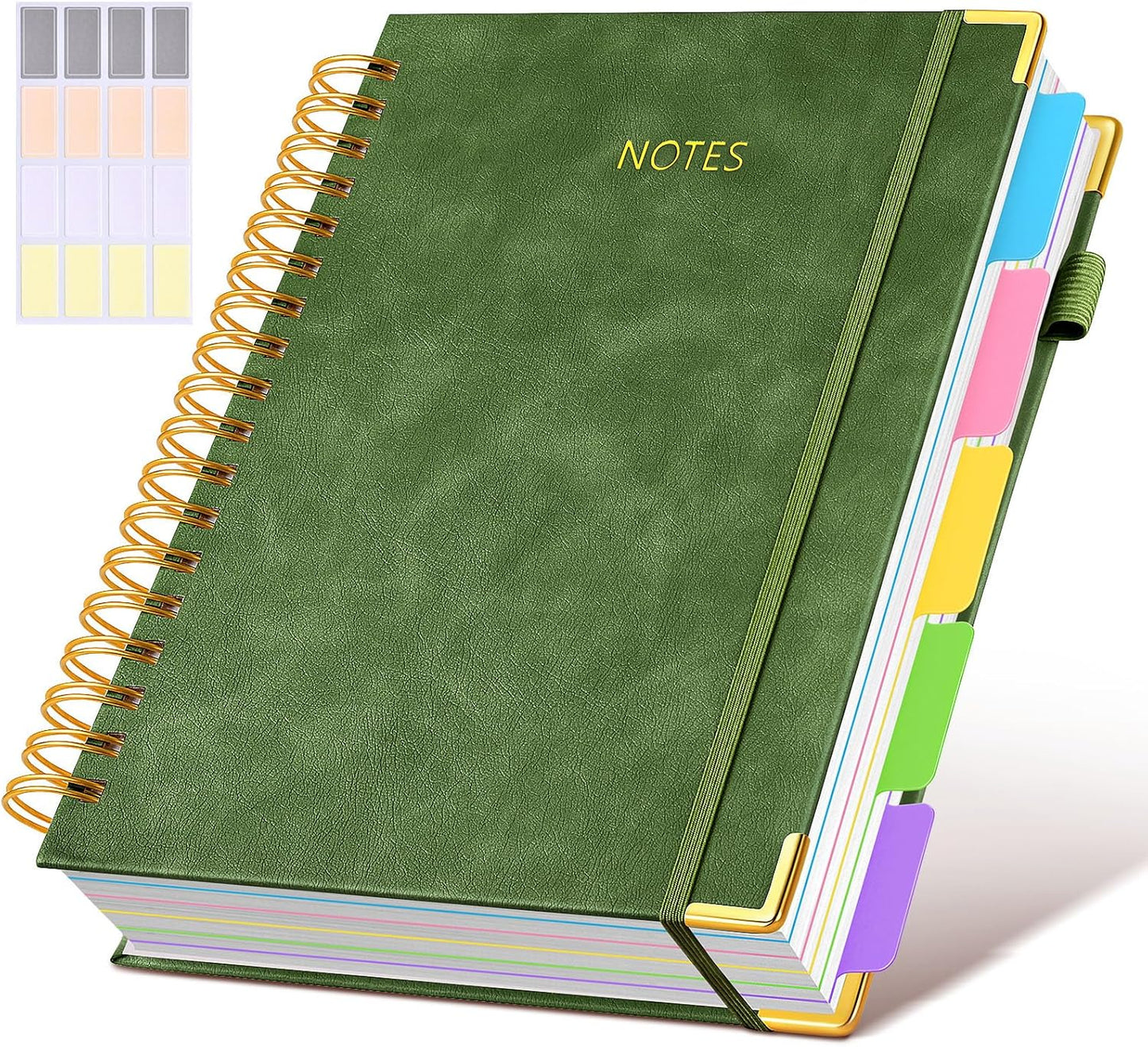 Hardcover Spiral Notebook journal with Removable Dividers Tabs, 300 Pages Leather 5 Subject Notebook College Ruled, 8"x10" Large B5 Notebooks for Work School Note taking, Lined Journal for Women,Green