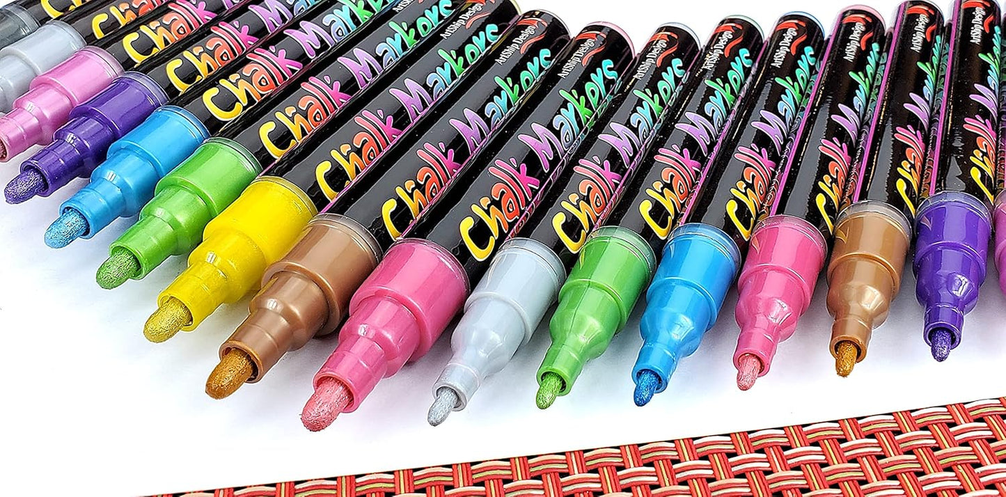 18 Metallic Chalk Markers - Double Pack of Both Fine and Reversible Medium Tip Liquid Chalk Pens - Wet Erasable - Menu Boards, Glass, Windows, White Boards, Classrooms, Mirrors, Plastic