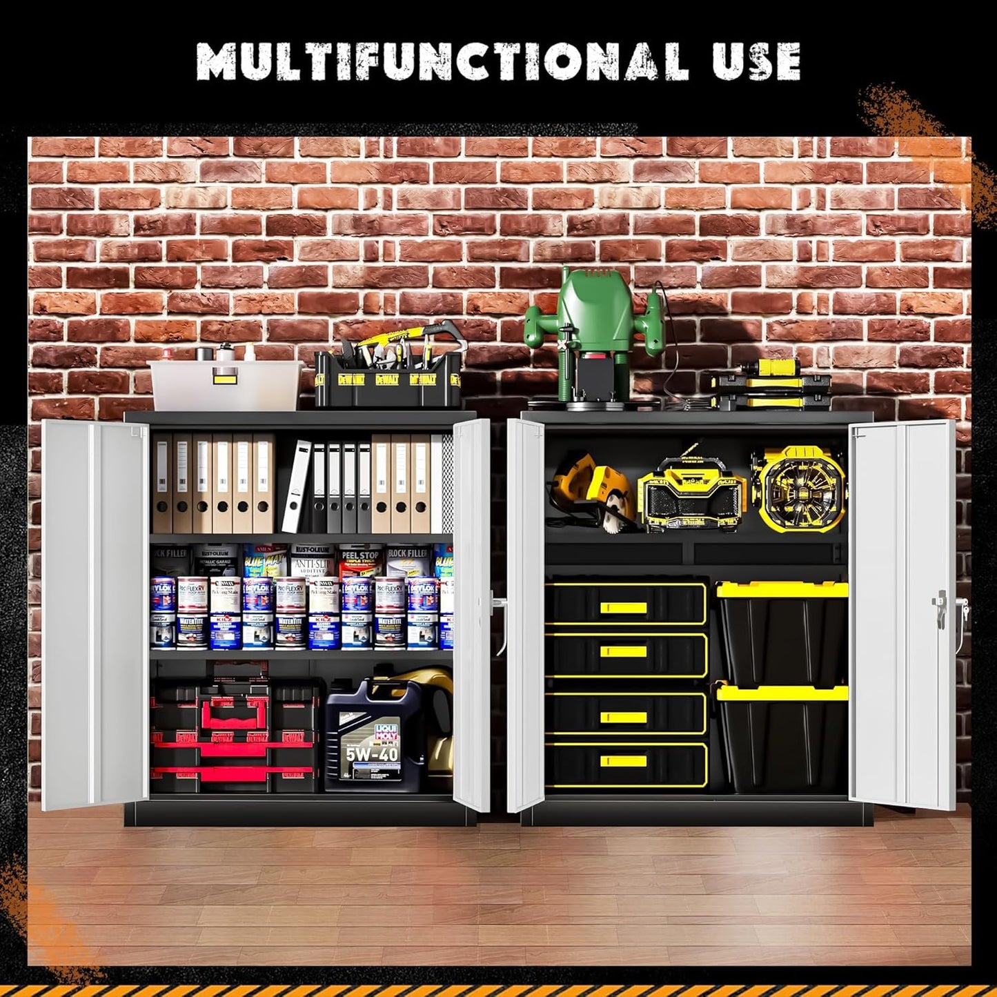 Greenvelly Metal Garage Storage Cabinet, Lockable Metal Cabinets with 2 Doors and Shelves,36” Steel Storage Locking Counter Cabinet for Office,Garage,Kitchen,Home,School(Black Grey)