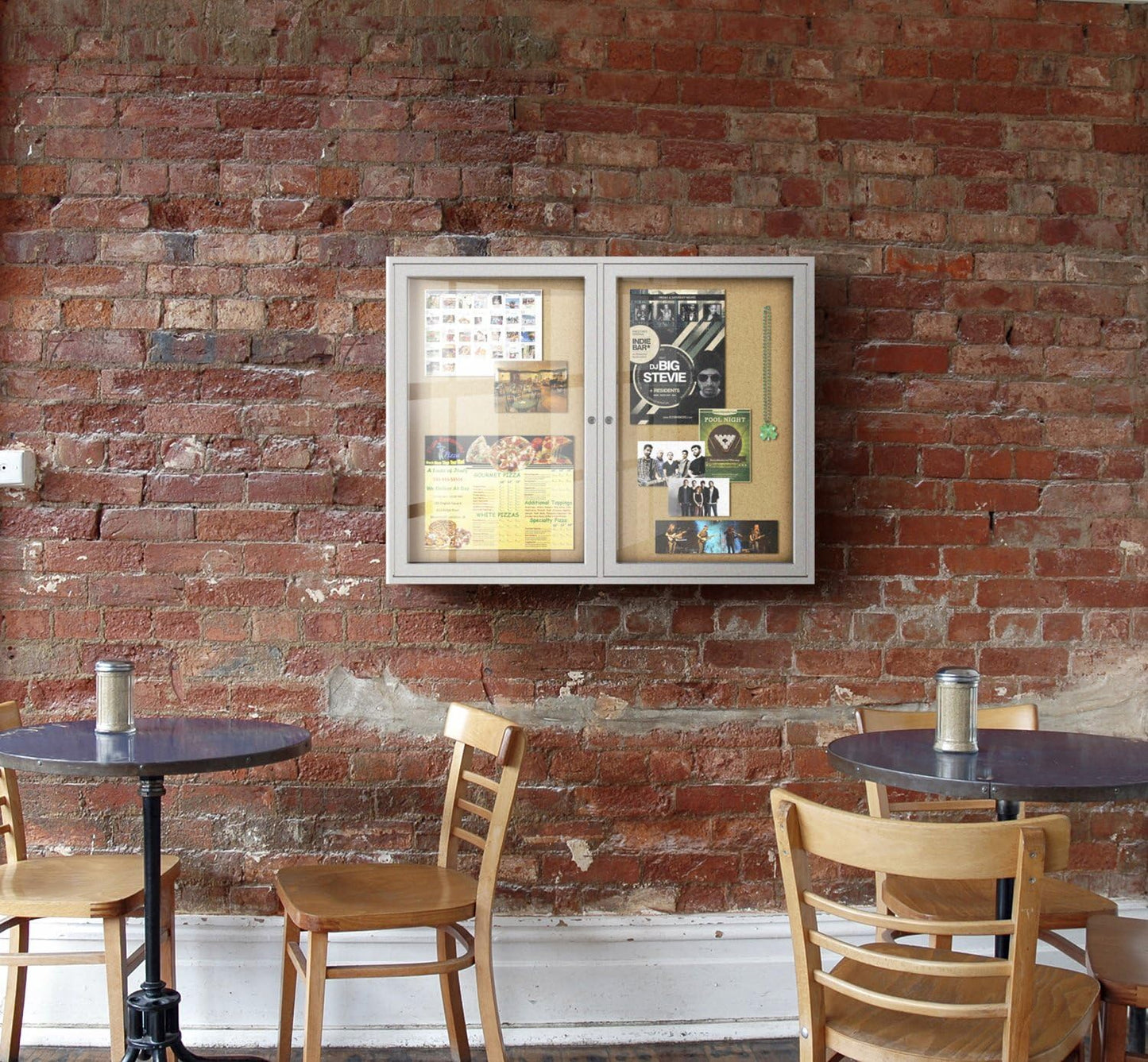 Ghent 36" x 48" 2-Door indoor Enclosed Bulletin Board, Shatter Resistant, with Lock, Satin Aluminum Frame - Natural Cork (PA234K) Made in the USA