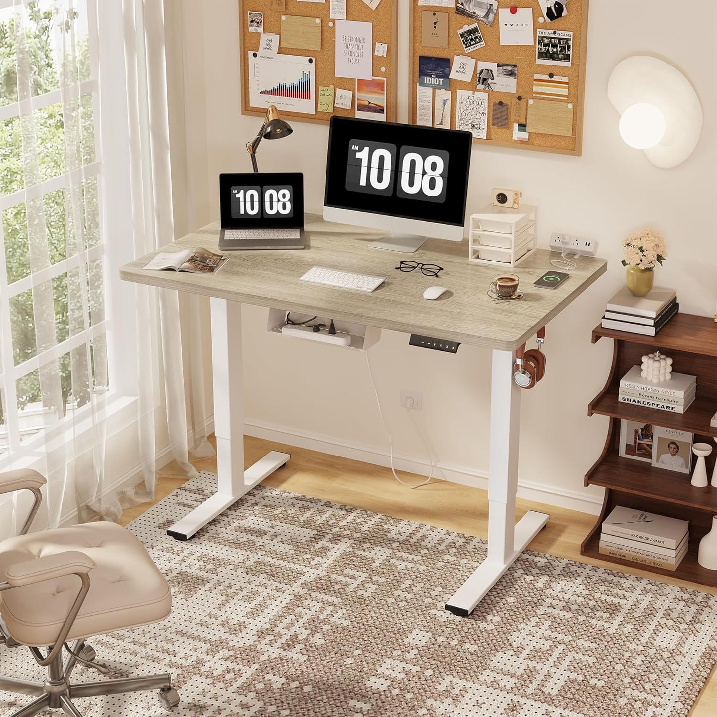 FLEXISPOT EN2 Whole-Piece Standing Desk with Clamp Power Strip, 40 x 24 Electric Stand Up Height Adjustable Desk with Cable Management (White Frame + 40" White Wood Grain Desktop)